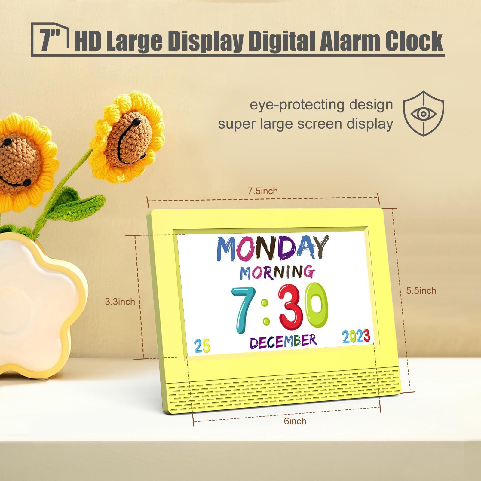 Kids Digital Alarm Clock Colorful, 7"" Large Led Time Display Children's Sleep Trainer, Eye-Caring Digital Clock For Girls Boys Bedrooms Bedside, 17 Alarm Clock Settings Easy To Use Kids Birthday Gift