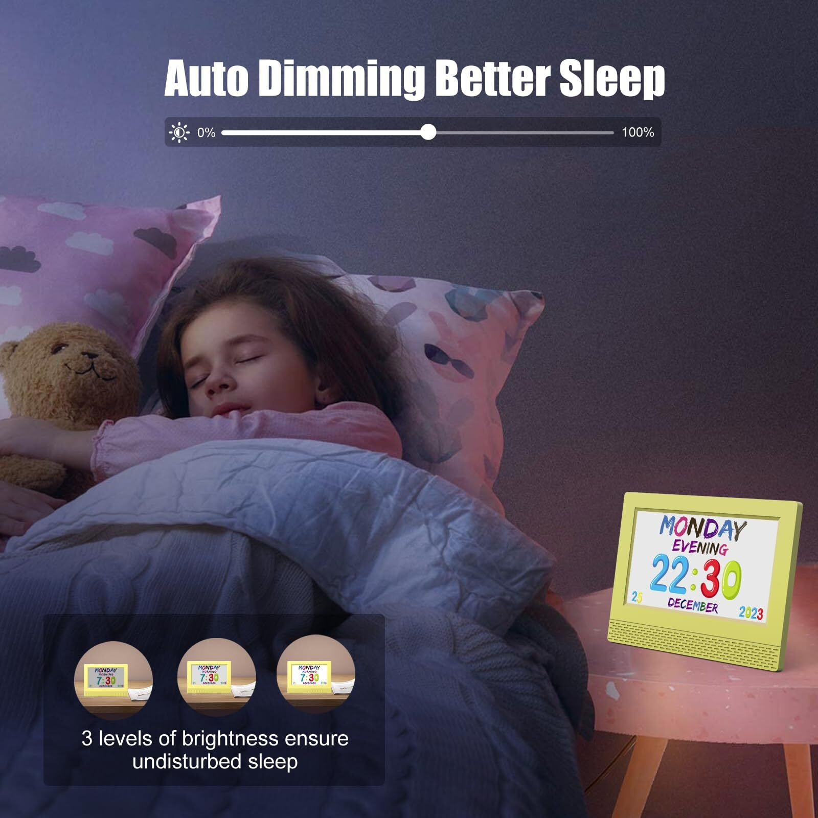 Kids Digital Alarm Clock Colorful, 7"" Large Led Time Display Children's Sleep Trainer, Eye-Caring Digital Clock For Girls Boys Bedrooms Bedside, 17 Alarm Clock Settings Easy To Use Kids Birthday Gift