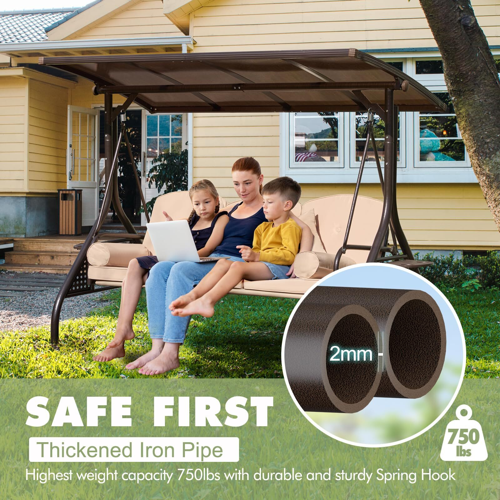 Yalissey 3-Seat Patio Porch Swing With Adjustable Hardtop,3 In 1 Convertible Outdoor Porch Swing For Adults,Patio Swing With Thicken Cushion,Pillows & Cup Holders For Porch,Backyard,Garden (Khaki)