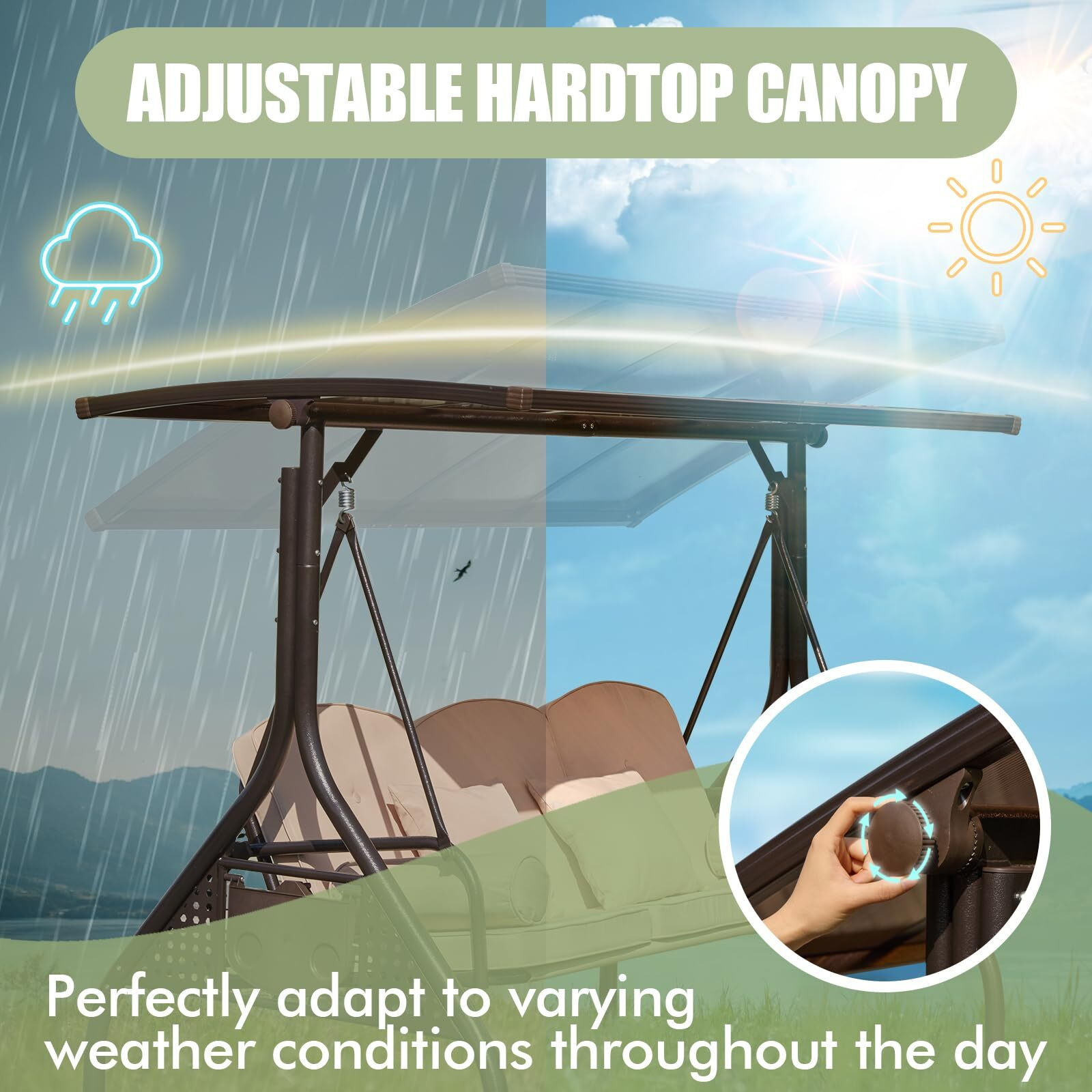 Yalissey 3-Seat Patio Porch Swing With Adjustable Hardtop,3 In 1 Convertible Outdoor Porch Swing For Adults,Patio Swing With Thicken Cushion,Pillows & Cup Holders For Porch,Backyard,Garden (Khaki)