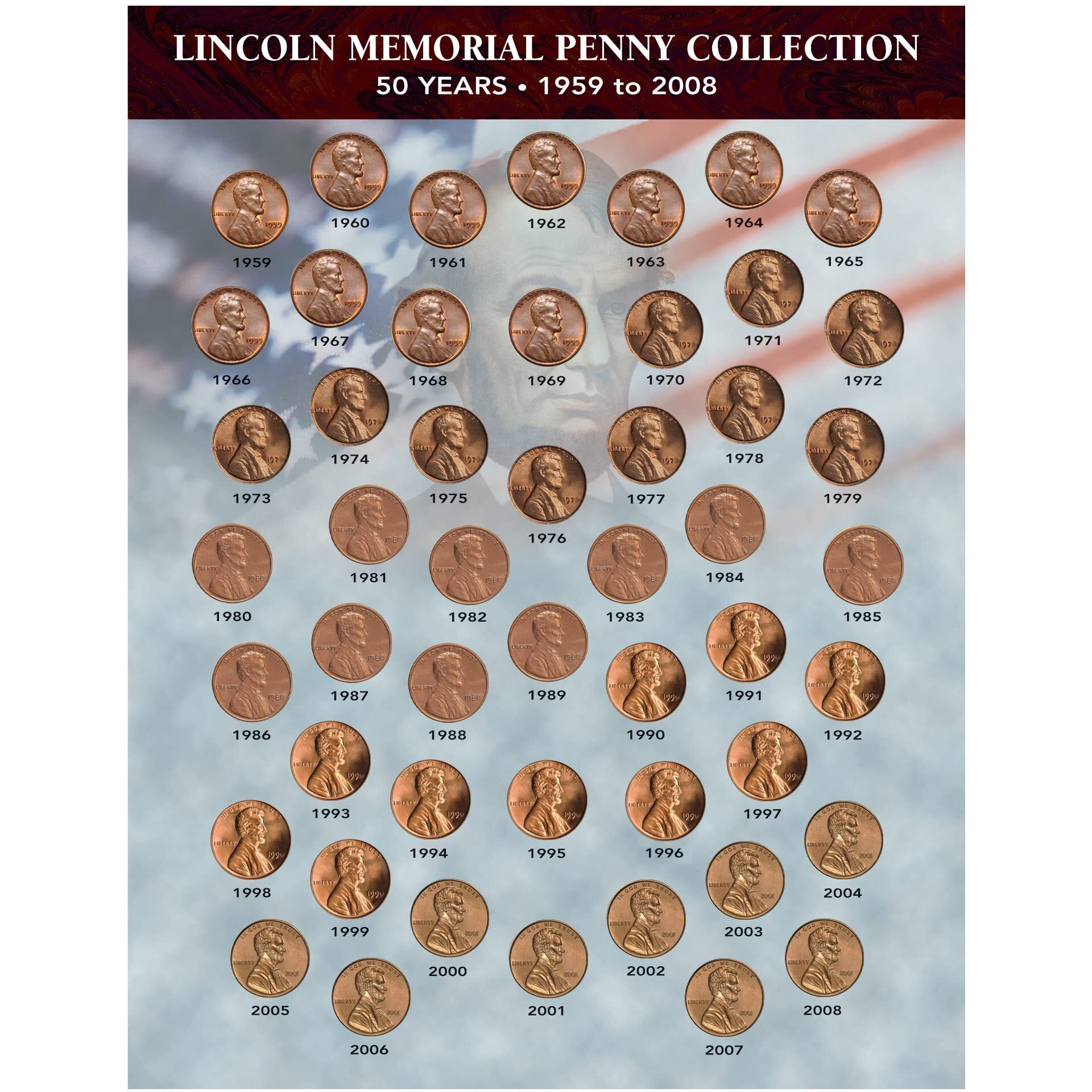 American Coin Treasures 1729 Lincoln Memorial Penny Collection 1959-2008