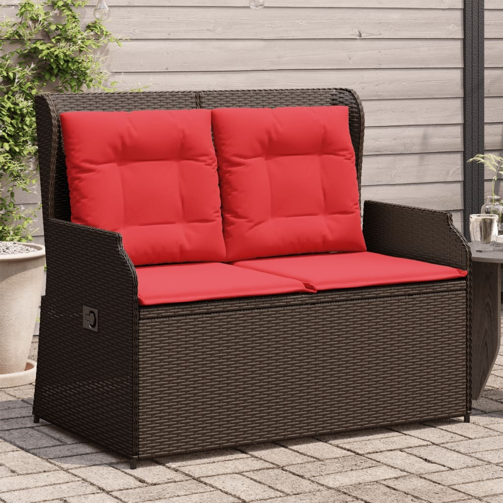 Vidaxl Reclining Patio Bench With Cushions Brown Poly Rattan