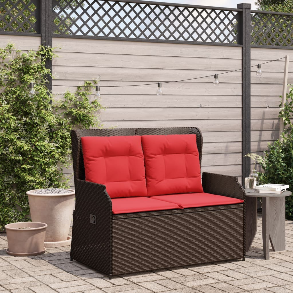 Vidaxl Reclining Patio Bench With Cushions Brown Poly Rattan