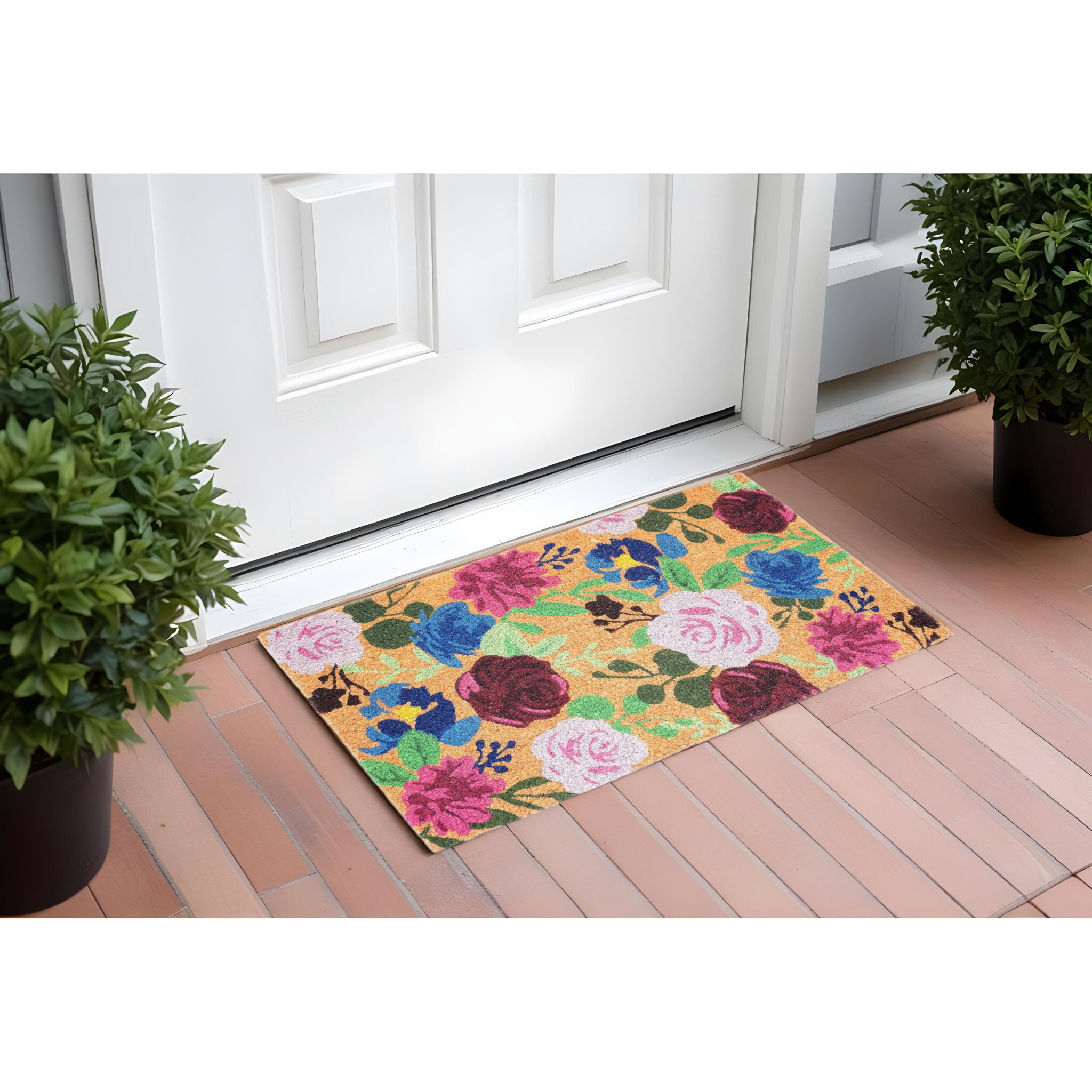 24"" X 36"" Natural Pink And Green Coir Floral Outdoor Door Mat