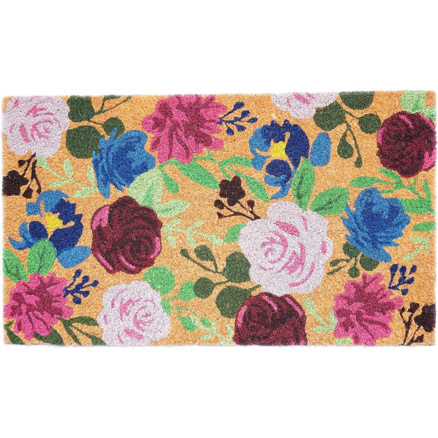 24"" X 36"" Natural Pink And Green Coir Floral Outdoor Door Mat