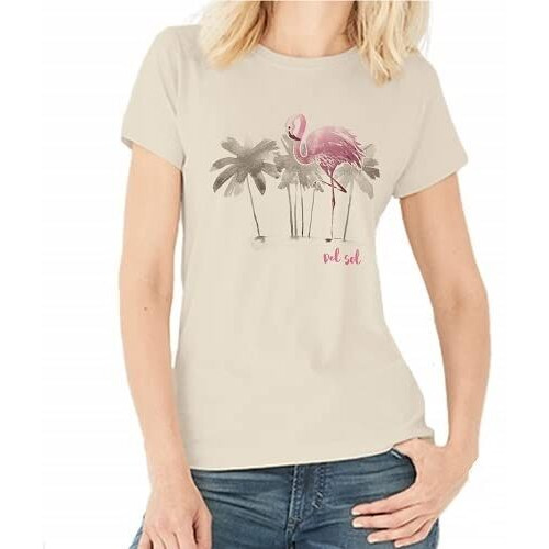 Women Crew Tee - Watercolor Flamingo - Beige By Delsol For Women - 1 Pc T-Shirt (Xl)