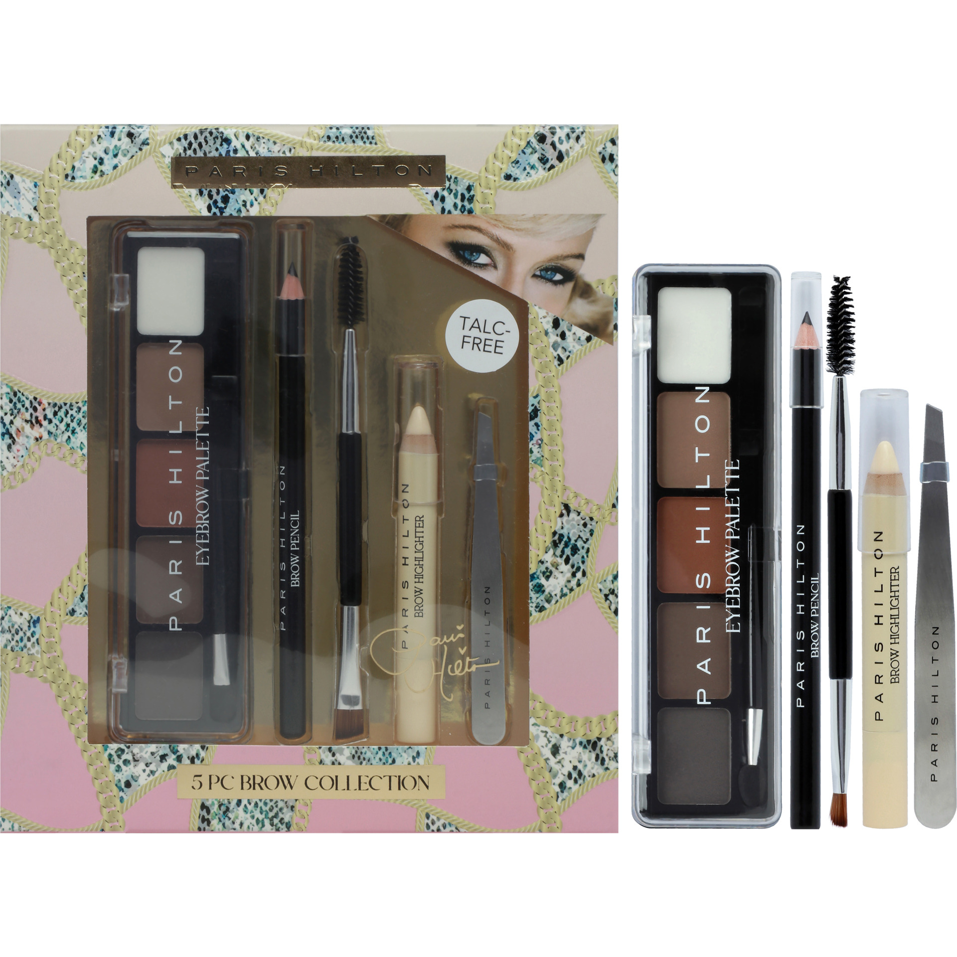 Brow Collection Set By Paris Hilton Cosmetics For Women - 5 Pc 0.20Oz Eyebrow Palette, 0.04Oz Brow Pencil, 0.11Oz Brow Highlighter, Angled Brush And Spoolie, Tweezer