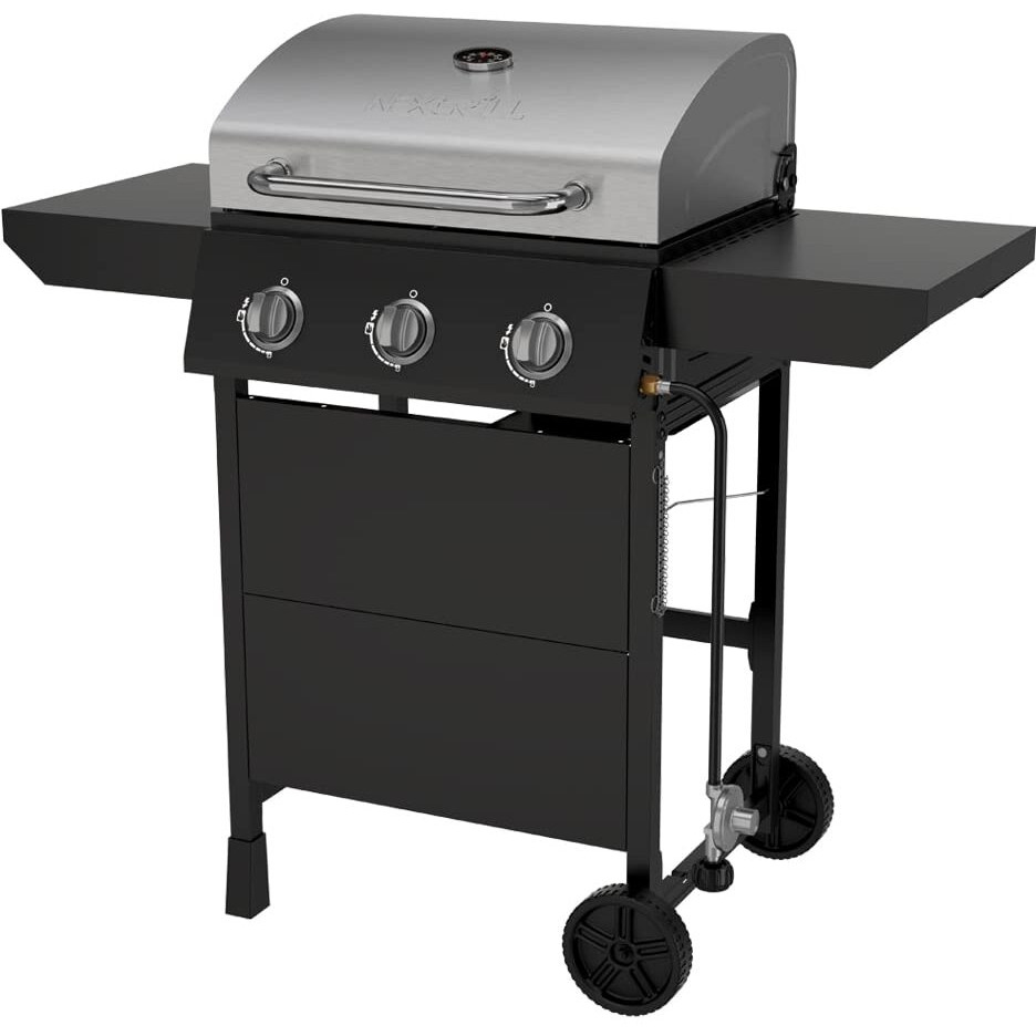 Nexgrill Premium 3-Burner Propane Gas Grill With Side Tables And Wheels, Open Cart Style, Outdoor Cooking & Grilling, Bbqs, Patio, Garden, 27,000 Btus, Black & Silver, 720-1012