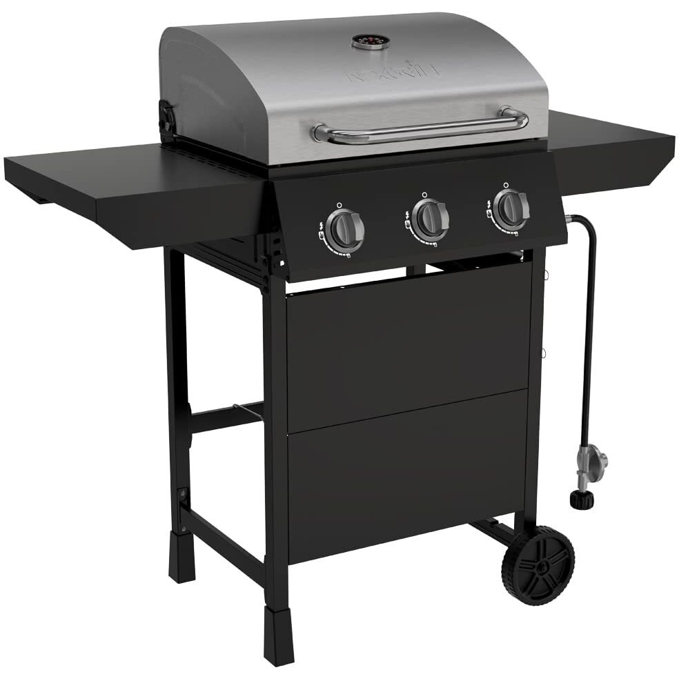 Nexgrill Premium 3-Burner Propane Gas Grill With Side Tables And Wheels, Open Cart Style, Outdoor Cooking & Grilling, Bbqs, Patio, Garden, 27,000 Btus, Black & Silver, 720-1012