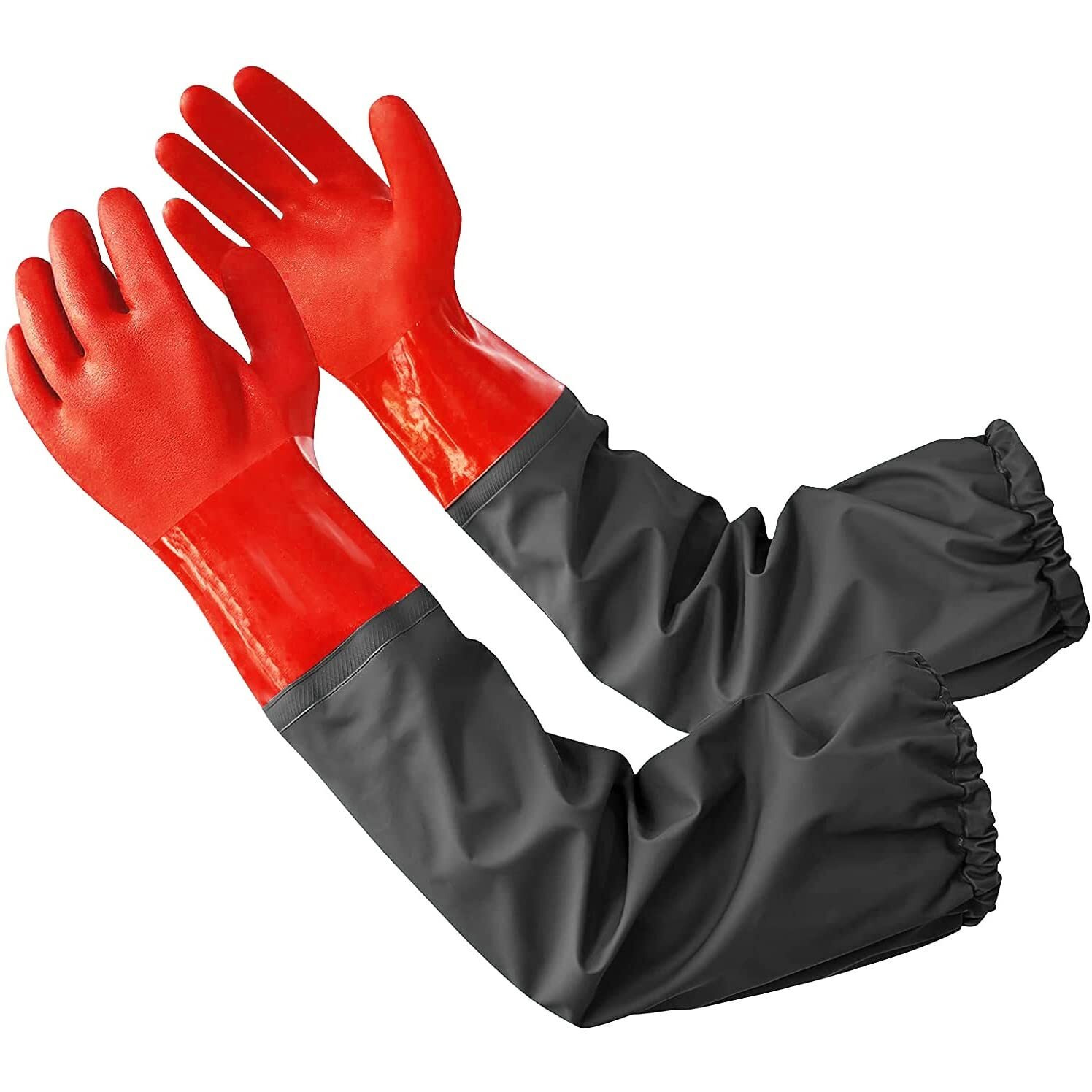 Coopache Full Arm Pond Gloves With Cotton Lining Extra Long Waterproof Gloves For Pond Cleaning Care And Machinery Industry 25-Inch (Red & Black, Medium)
