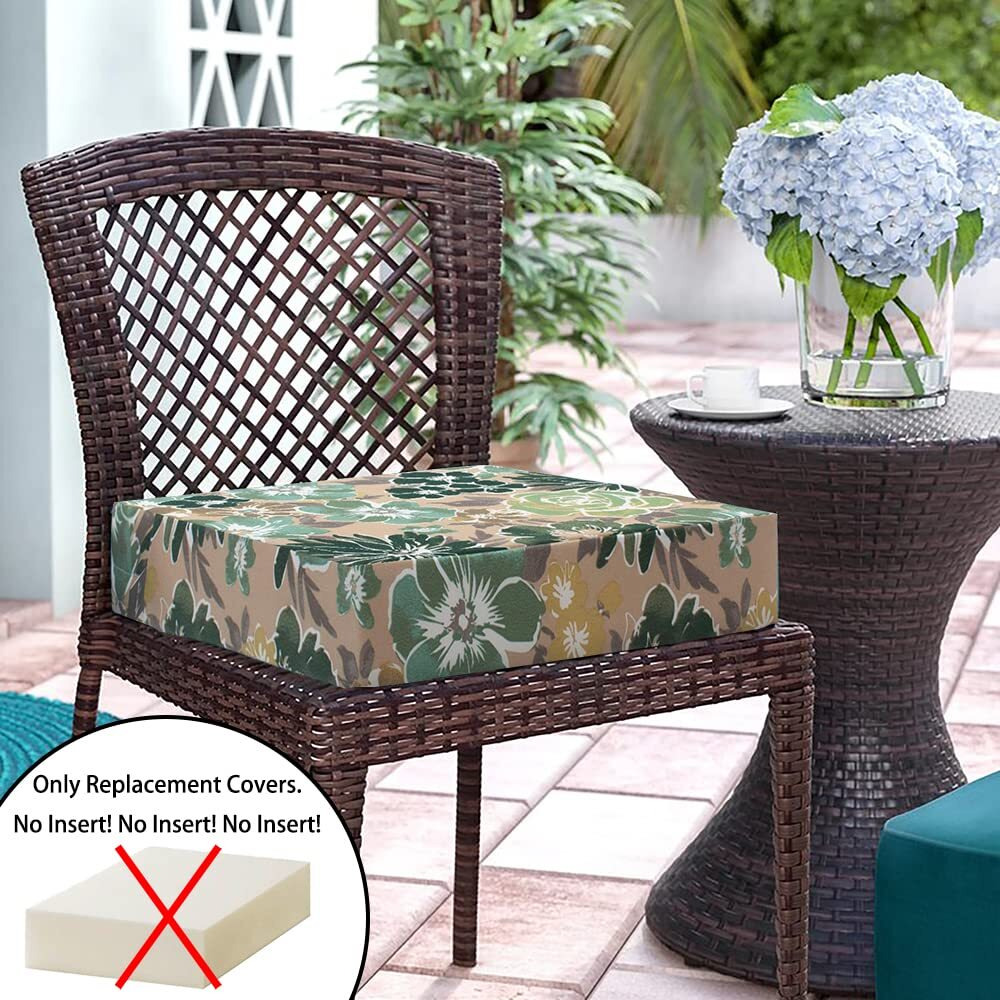 Magpie Fabrics Patio Cushion Covers Set Of 2(Replacement Cover Only, No Insert), Waterproof Indoor Ourdoor Deep Seat Chair Cushion Slipcover With Ties(22X20X4 Inch, Green Floral)