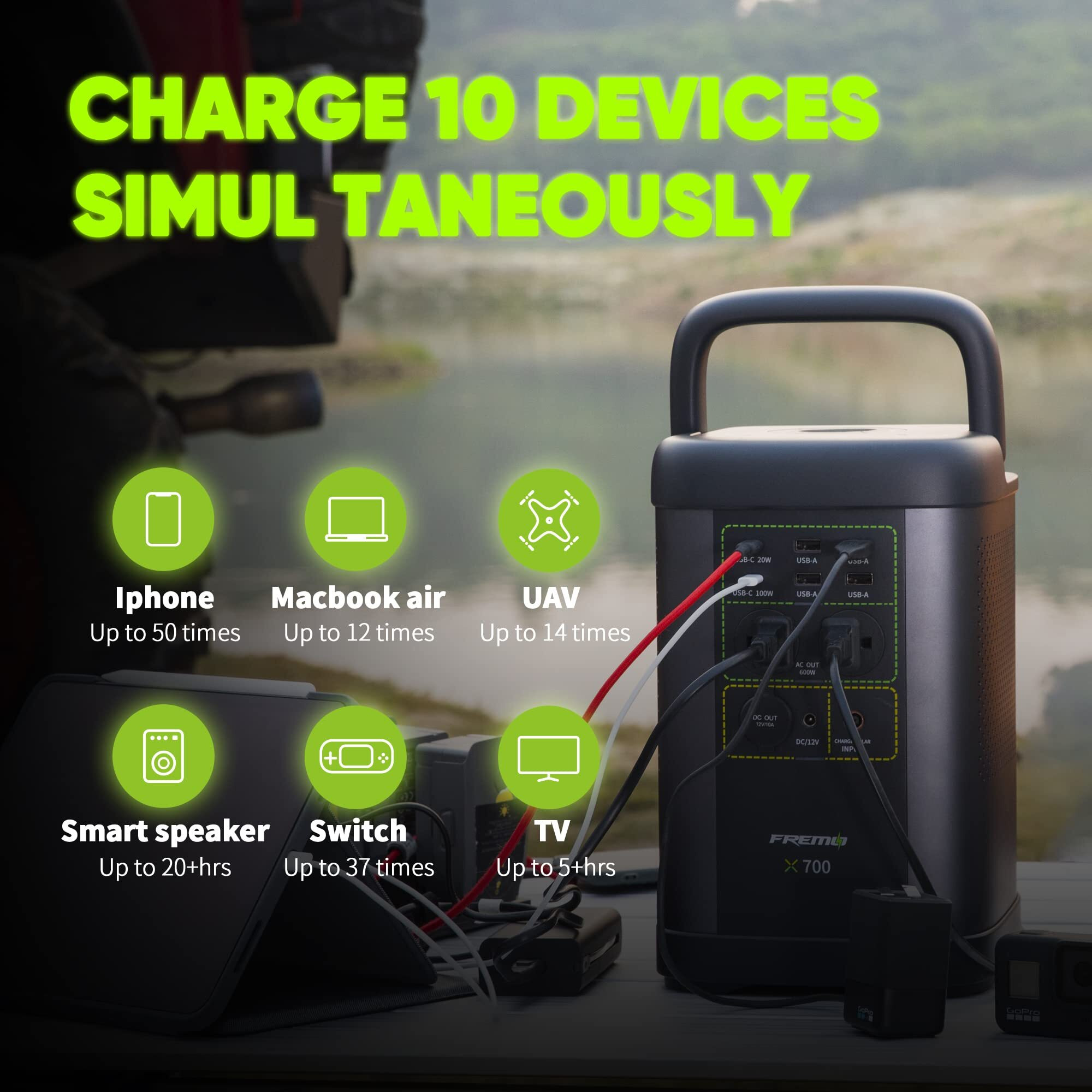 Fremo Portable Power Station X700,662Wh Lifepo4 Battery Solar Generator W/2 Upto 110V/1000W Ac Outlet,Dc 12V Car And Usb Ports(Solar Panel Optional), Solar Generator For Home Use,Outdoor Camping,Rvs