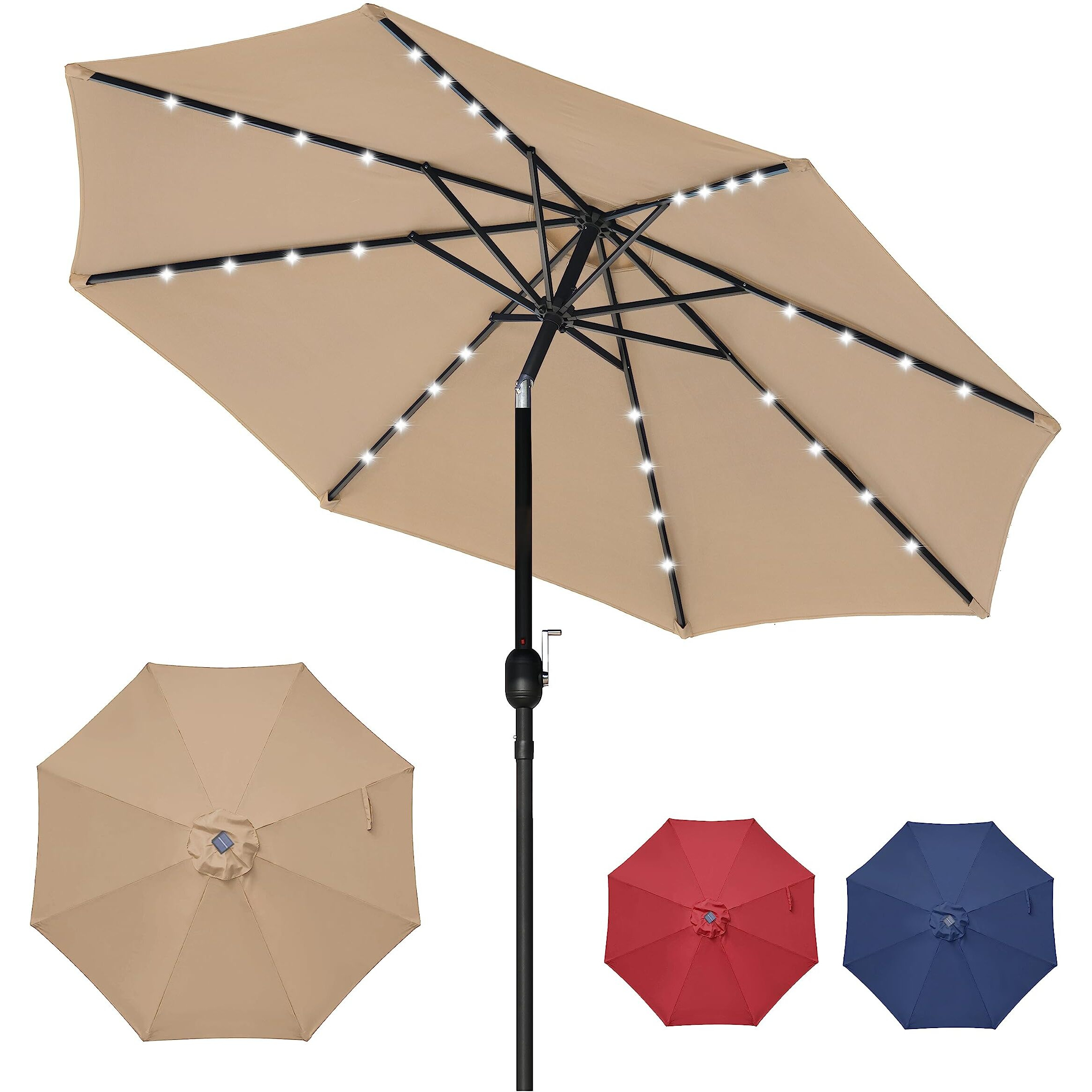 Yssoa 9' Solar 32 Lighted Patio Table Market Push Button Tilt/Crank Outdoor Umbrella For Garden, Deck, Backyard And Pool, 9Ft-Led, 9Ft-Led-Tan