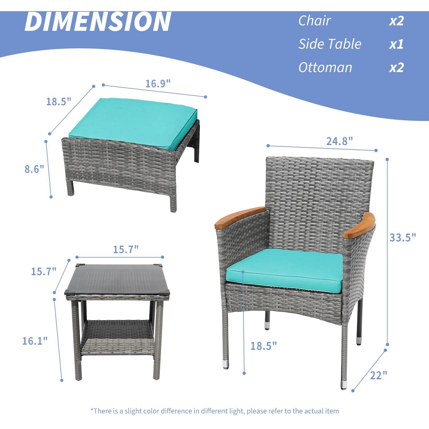 5 Piece Outdoor Patio Furniture Set With Table&Ottoman Outdoor Furniture Patio Set Bistro Wicker Patio Set Of 2 Outside Lawn Chairs Conversation Sets For Porch Balcony Deck(Gray Wicker&Green Cushion)