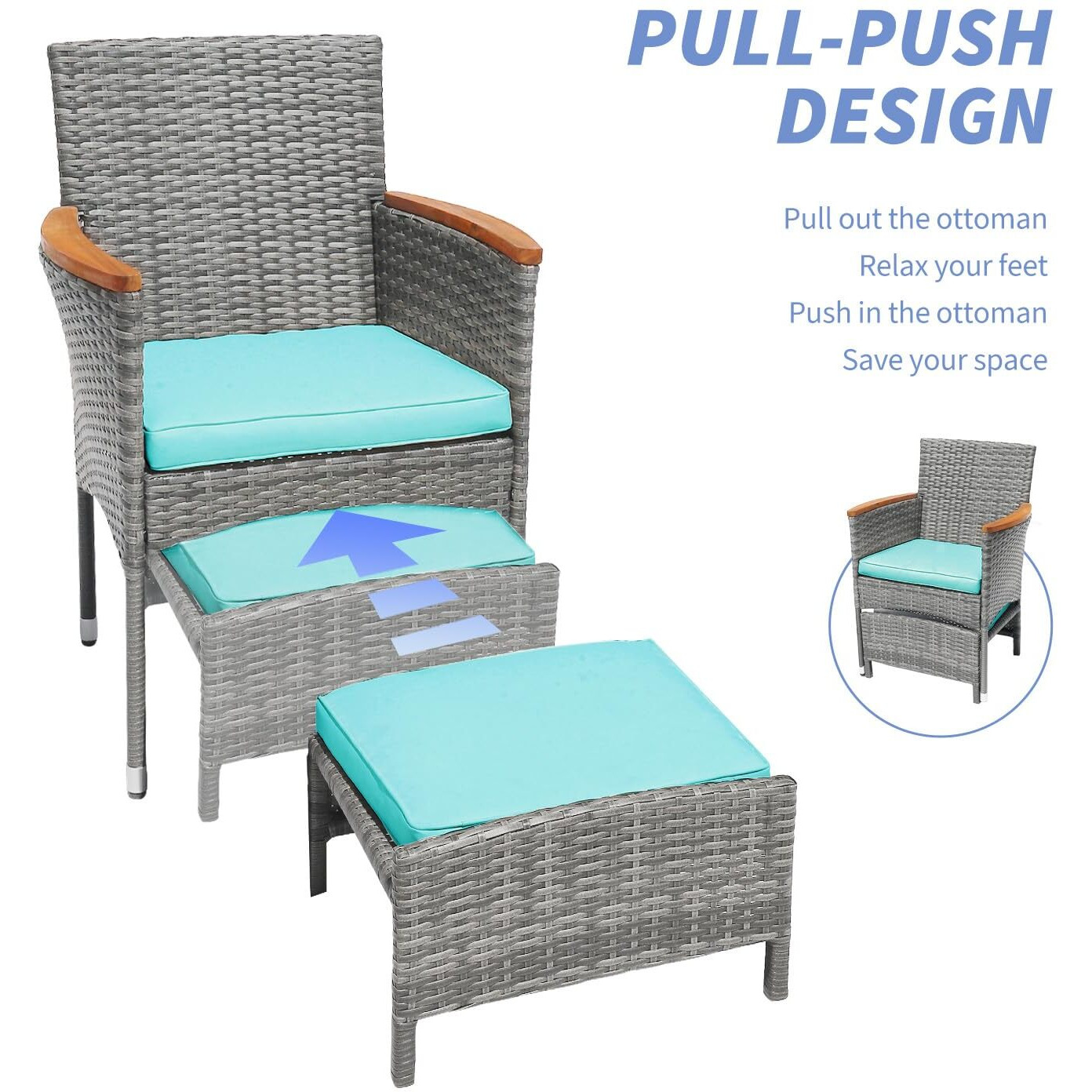 5 Piece Outdoor Patio Furniture Set With Table&Ottoman Outdoor Furniture Patio Set Bistro Wicker Patio Set Of 2 Outside Lawn Chairs Conversation Sets For Porch Balcony Deck(Gray Wicker&Green Cushion)