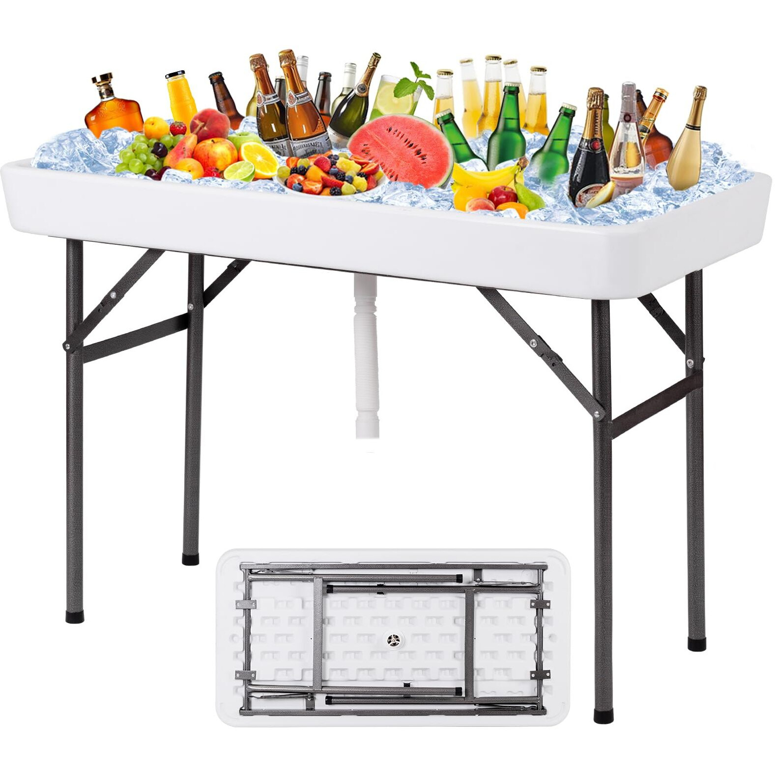 Kotek Folding Ice Cooler Table With Matching Skirt & Drain Hose, Foldable Beverage Cooler Table Buffet Cooler Server, Portable Chill Table For Party, Picnic, Bbq, Camping (White)