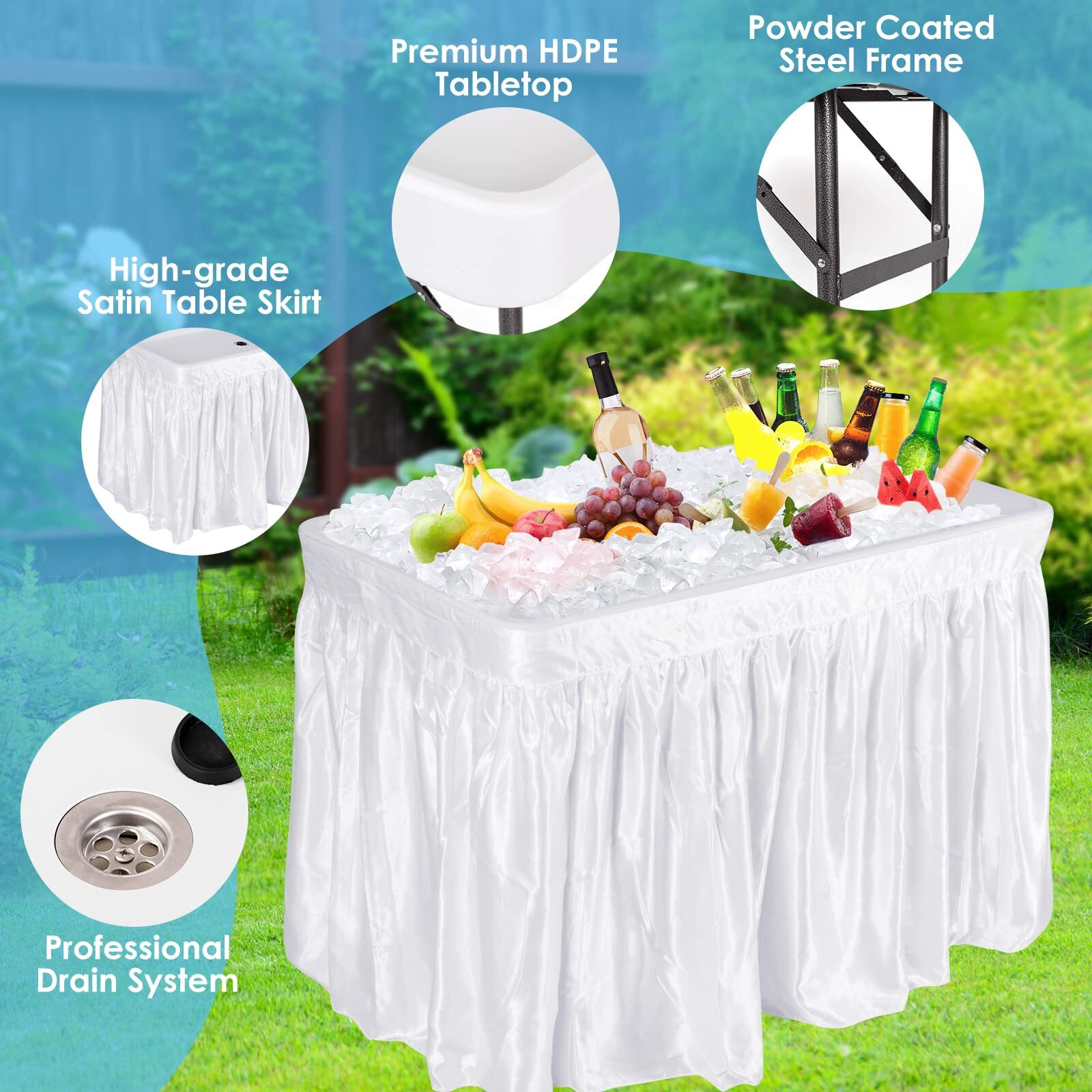 Kotek Folding Ice Cooler Table With Matching Skirt & Drain Hose, Foldable Beverage Cooler Table Buffet Cooler Server, Portable Chill Table For Party, Picnic, Bbq, Camping (White)