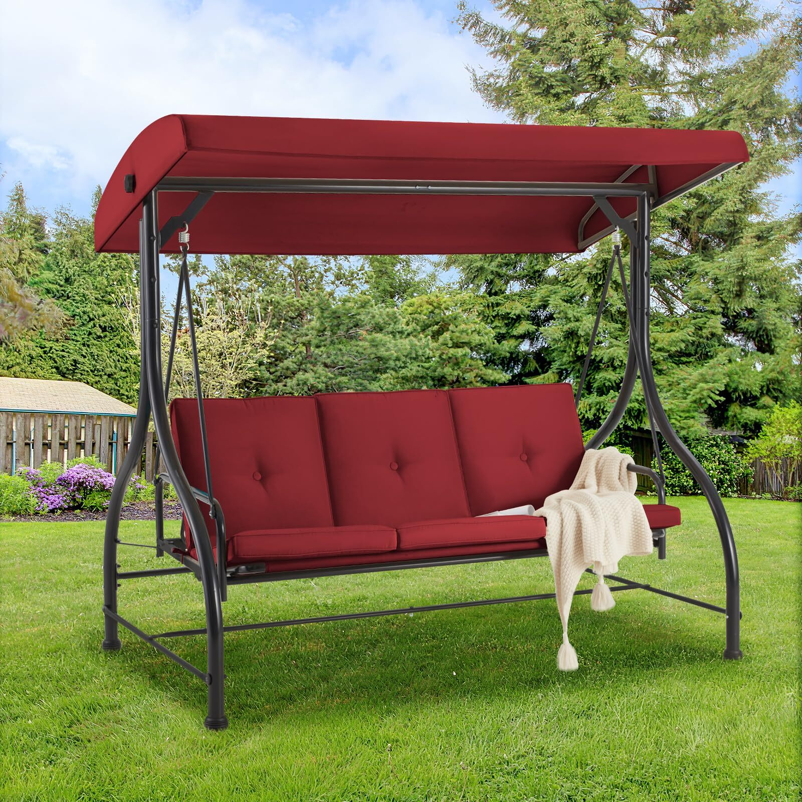 Aecojoy 3-Seat Outdoor Porch Swing With Adjustable Backrest And Canopy, Patio Swing W/Removable Cushions Outdoor Swing Bed For Porch, Backyard, Poolside, Burgundy