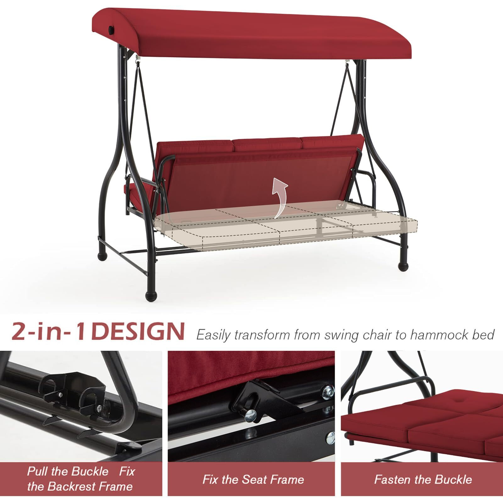 Aecojoy 3-Seat Outdoor Porch Swing With Adjustable Backrest And Canopy, Patio Swing W/Removable Cushions Outdoor Swing Bed For Porch, Backyard, Poolside, Burgundy