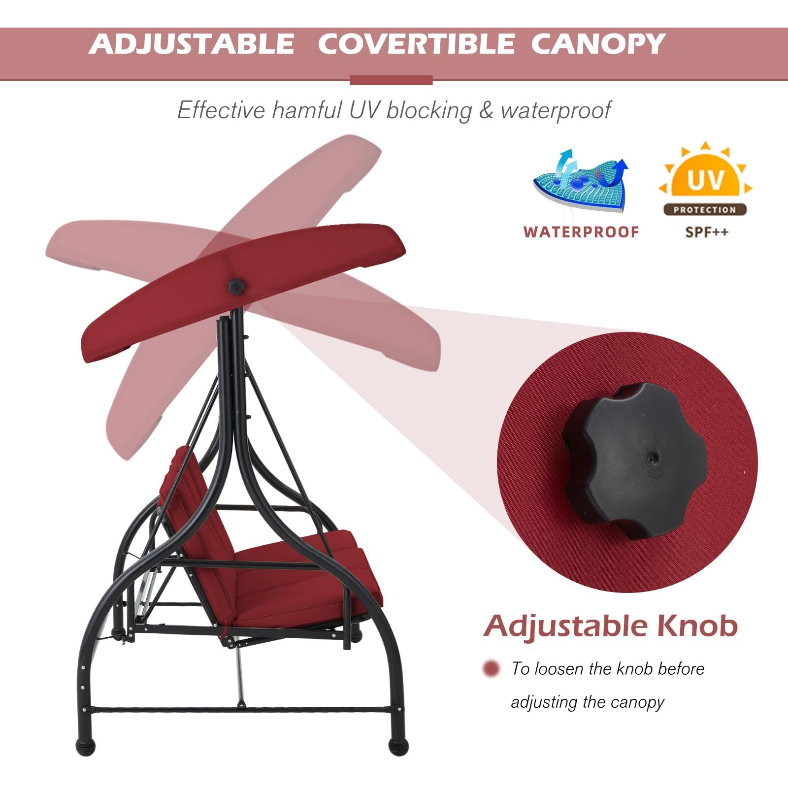 Aecojoy 3-Seat Outdoor Porch Swing With Adjustable Backrest And Canopy, Patio Swing W/Removable Cushions Outdoor Swing Bed For Porch, Backyard, Poolside, Burgundy