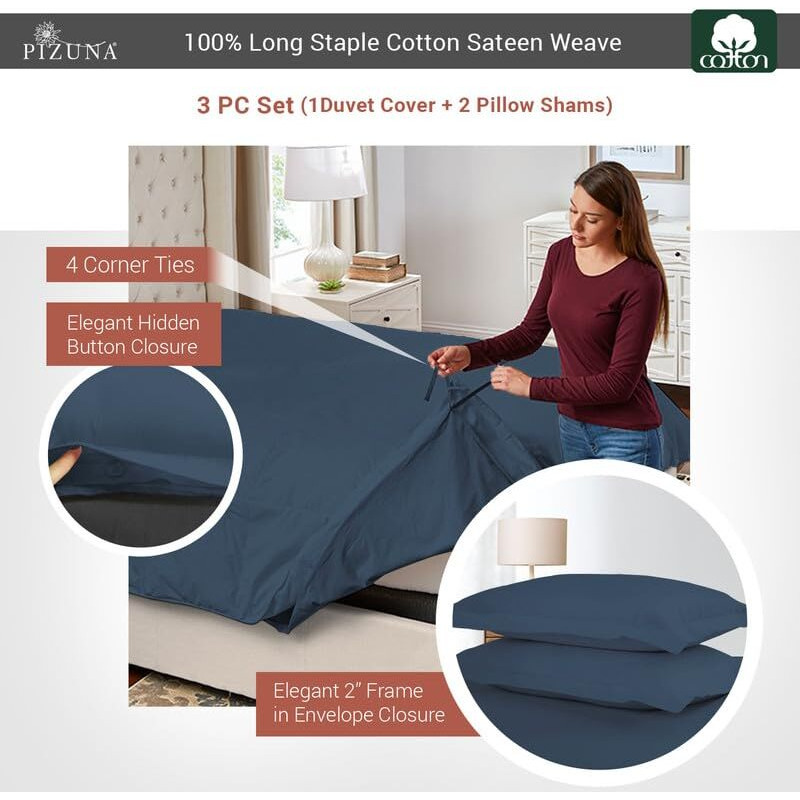 Pizuna Pure 100% Cotton Queen Duvet Cover Set, Luxurious 400 Thread Count Long Staple Cotton Sateen Weave With Button Closure (Combed Dark Blue Cotton Duvet Cover Queen)