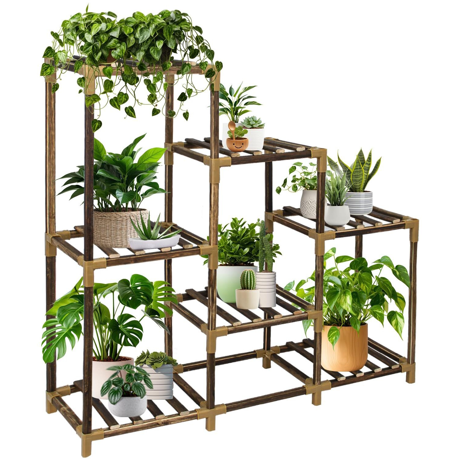 Twocorn Plant Stand Indoor, 3-Tier Outdoor Wood Plant Stand For Multiple Plants, Accommodates 7 Potted Plants, Ideal For Room Corners, Balconies, Gardens, And Plant Gardening Gifts