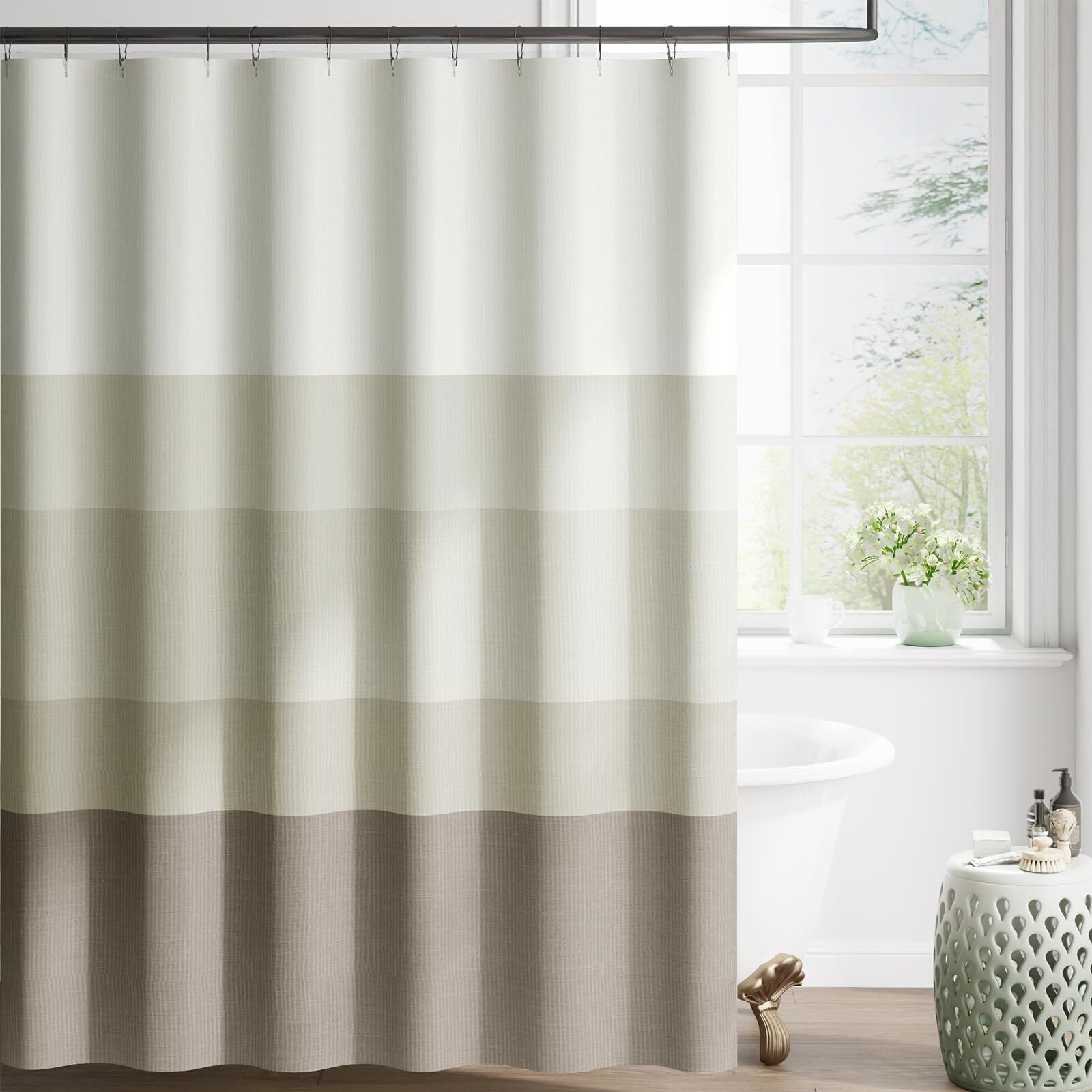 Jinchan Ombre Wood Taupe Striped Shower Curtain Waterproof Fabric Shower Curtains For Bathroom Gradual Color Minimalist Design Modern Neutral Luxury Shower Curtain Set With 12 Hooks 70X72 Inches
