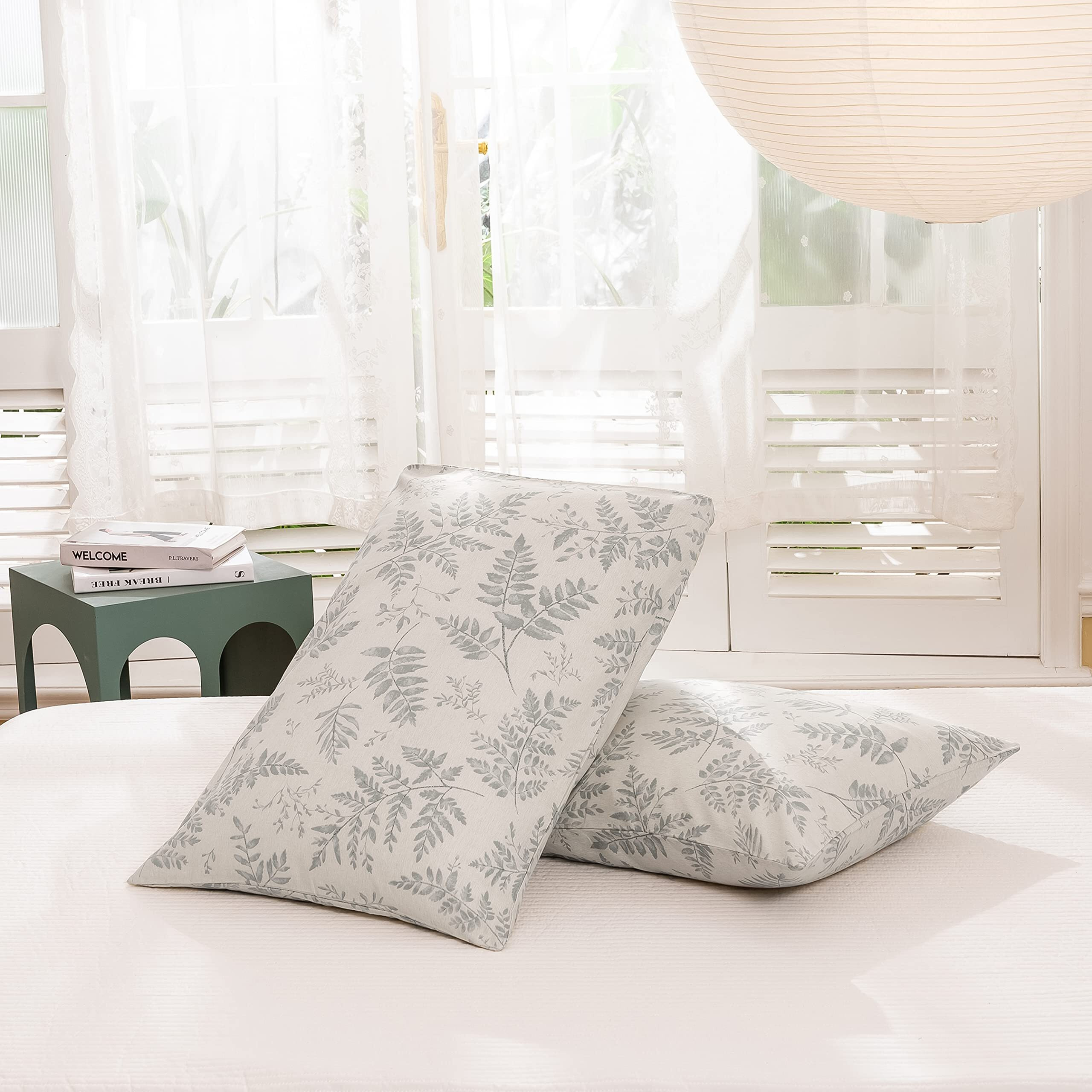 Ecocott 2 Pack Pillowcase Queen Size With Green Botanical Plant Leaves Pattern Pillow Cases Set, 100% Cotton Queen Pillow Covers Envelope Closure (Queen, 20"&quotX30"")