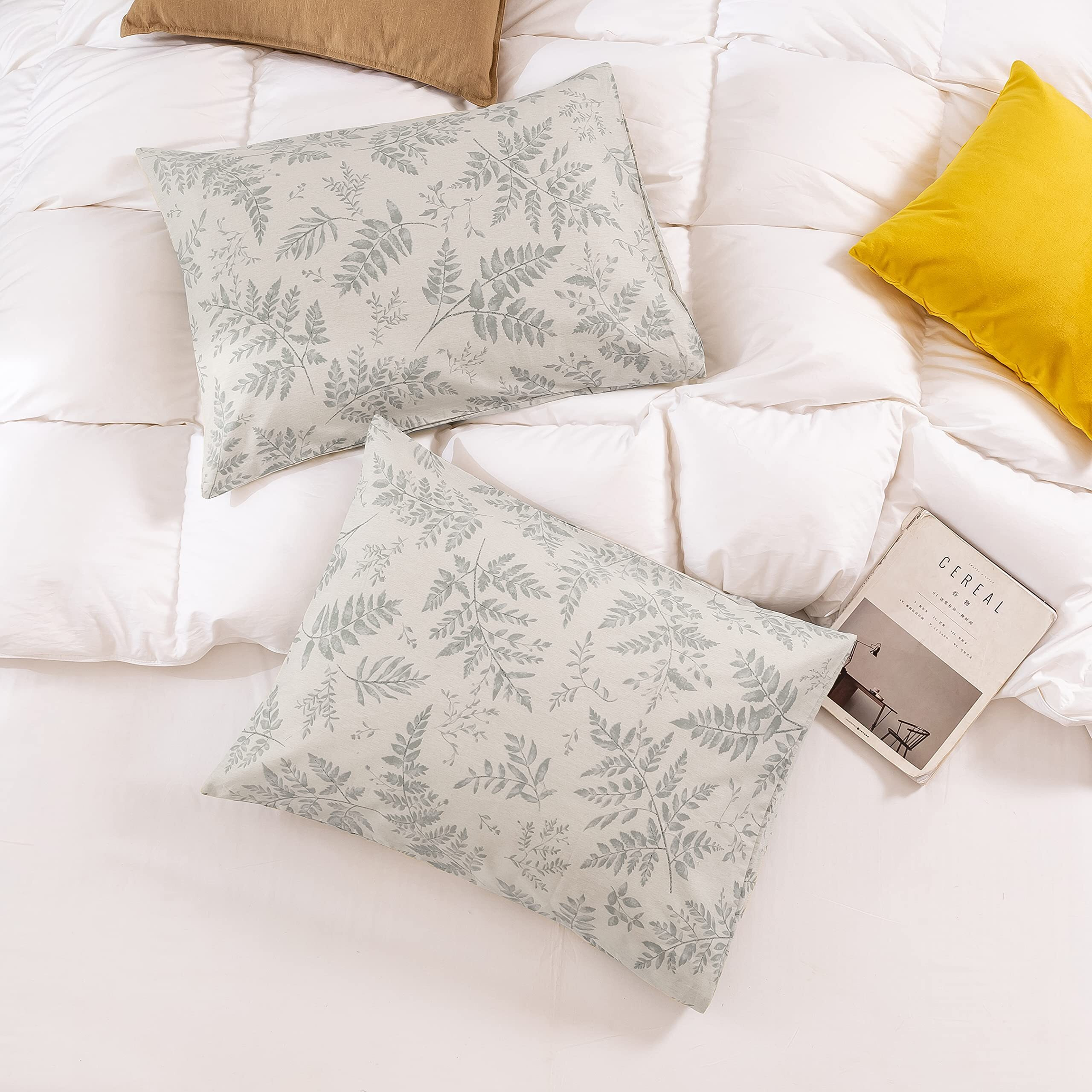 Ecocott 2 Pack Pillowcase Queen Size With Green Botanical Plant Leaves Pattern Pillow Cases Set, 100% Cotton Queen Pillow Covers Envelope Closure (Queen, 20"&quotX30"")