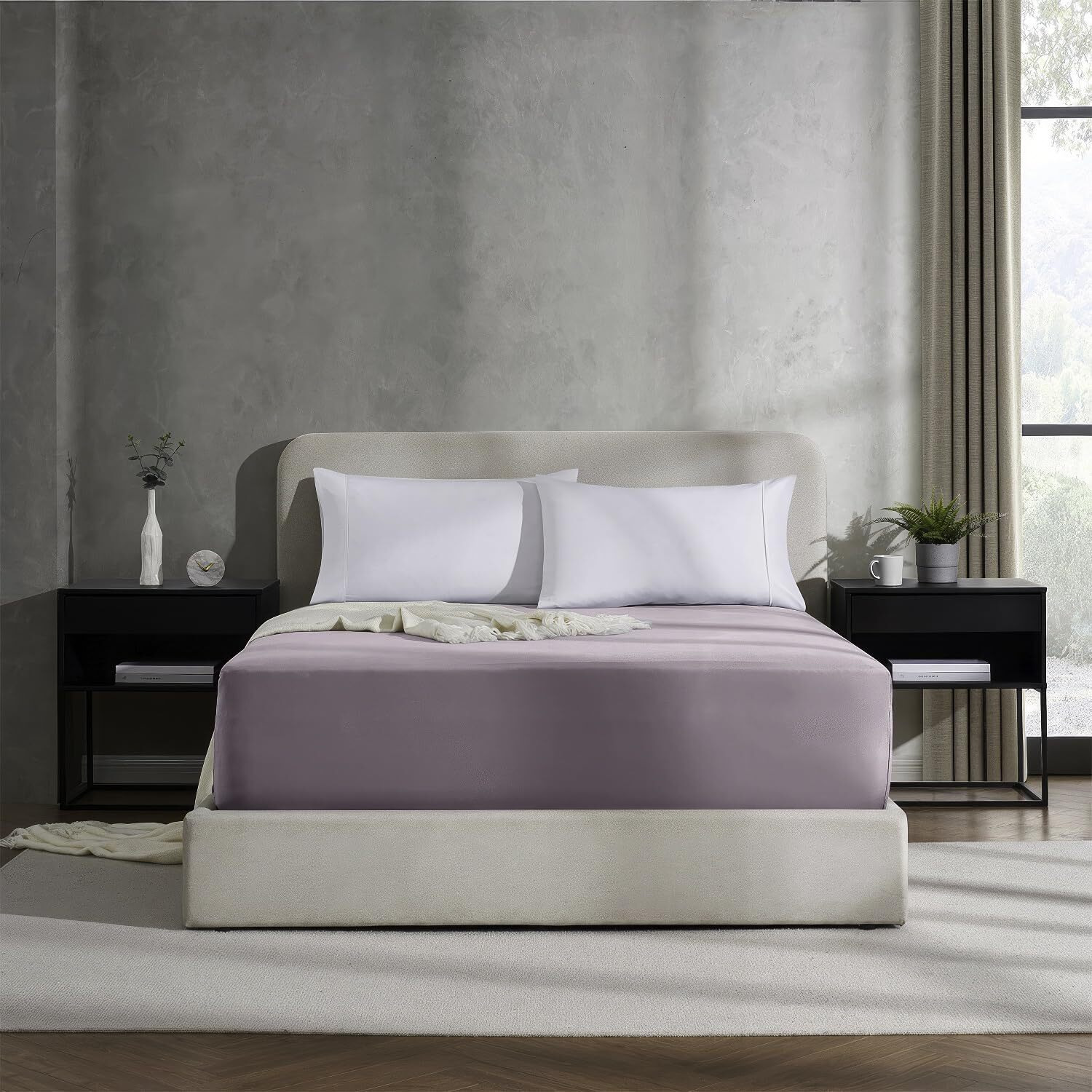 Nestl Grayish Purple California King Fitted Sheet Extra Deep Pocket, Hotel Luxury Cal King Fitted Sheet Only Easily Fits 18 To 24 Inch Mattress, Super Soft, Wrinkle-Free, Breathable With Corner Straps