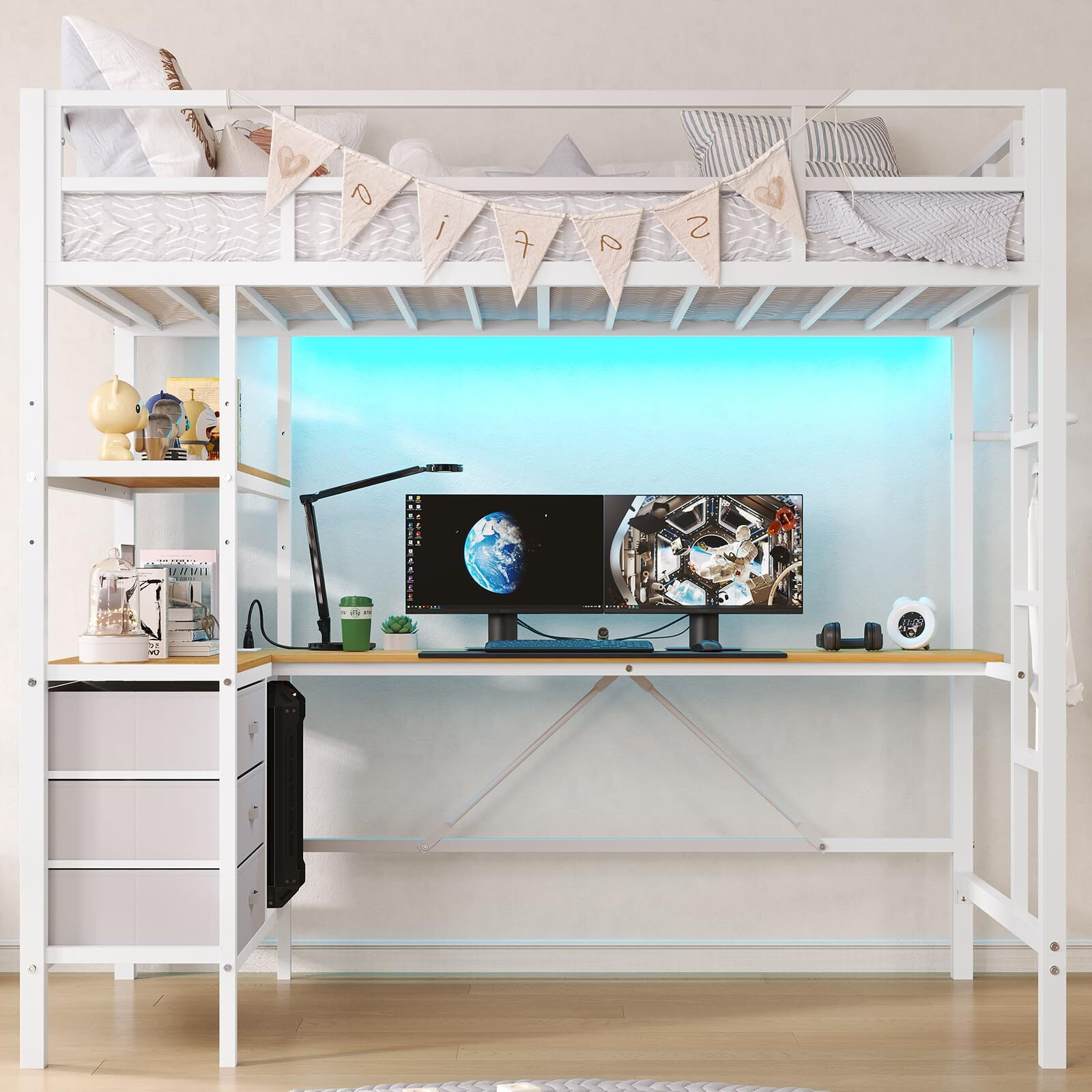Dictac Twin Loft Bed With L-Shaped Desk, Led Lights,Charging Station Led Loft Metal Bed Frame Twin Size With 3 Storage Shelves And 3 Fabric Drawers, Safety Guard & Ladder, No Box Spring Needed, White