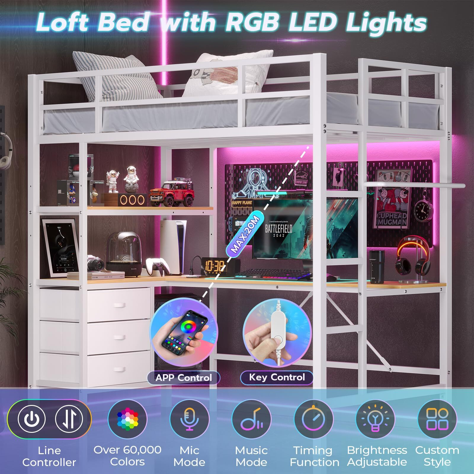 Dictac Twin Loft Bed With L-Shaped Desk, Led Lights,Charging Station Led Loft Metal Bed Frame Twin Size With 3 Storage Shelves And 3 Fabric Drawers, Safety Guard & Ladder, No Box Spring Needed, White