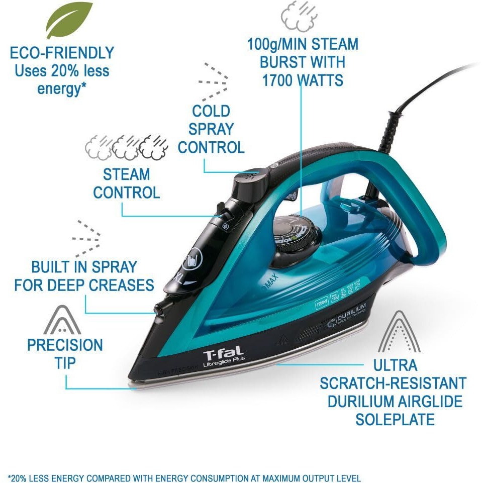 T-Fal, Iron, Ultraglide Steam Iron For Clothes, Durilium Soleplate, Precision Tip, Anti-Drip, Auto-Off, 1800 Watts, Ironing, Teal Clothes Iron, Fv5841U0