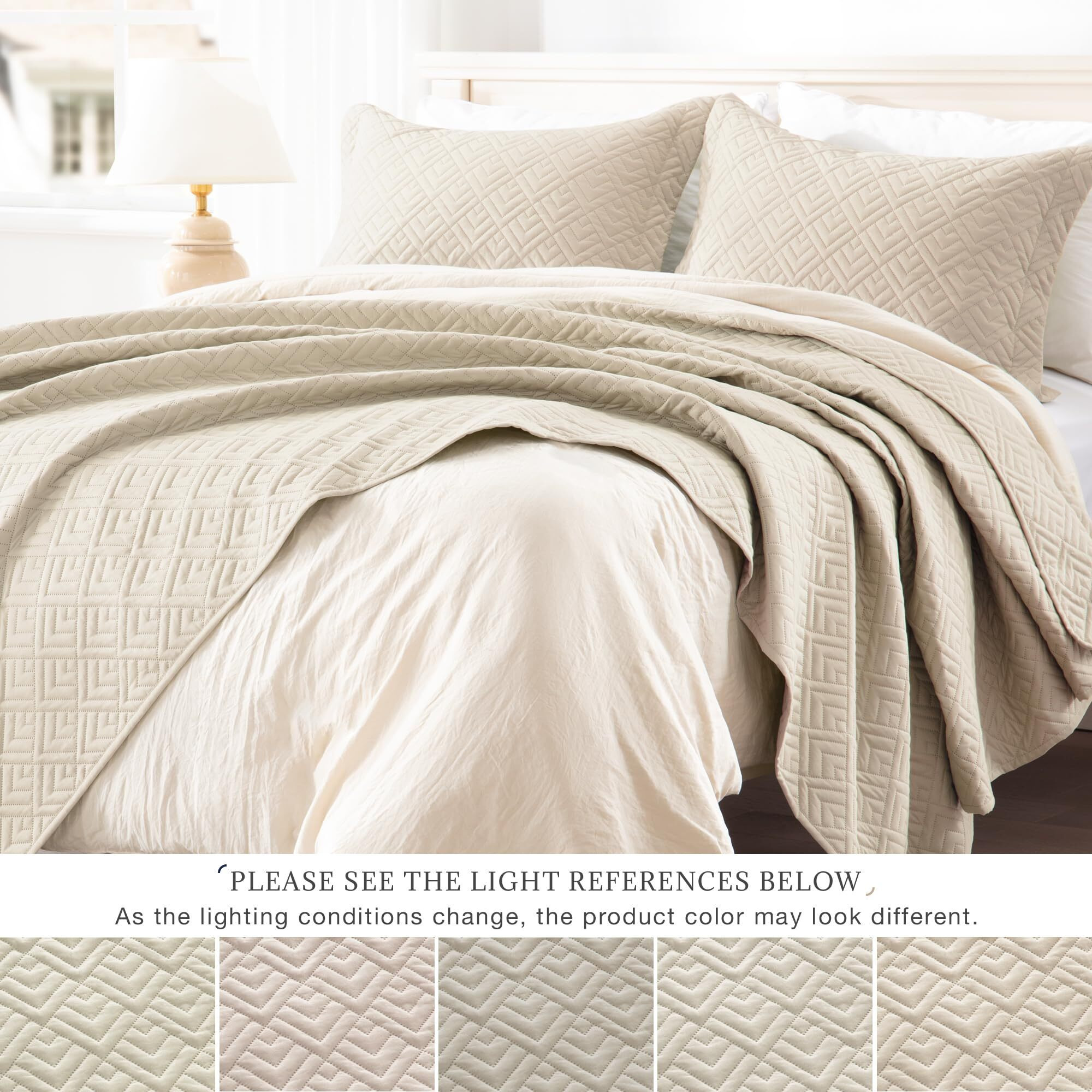 Exq Home Quilt Set Twin Size Beige 2 Piece,Lightweight Soft Coverlet Modern Style Squares Pattern Bedspread Set For All Season(1 Quilt,1 Pillow Shams)
