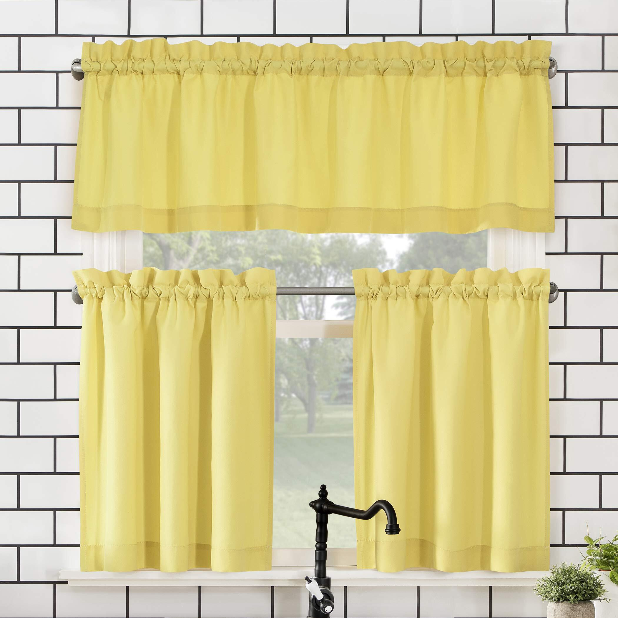No. 918 Martine Microfiber Semi-Sheer Rod Pocket Kitchen Curtain Valance And Tiers Set, 54"" X 24"", Yellow