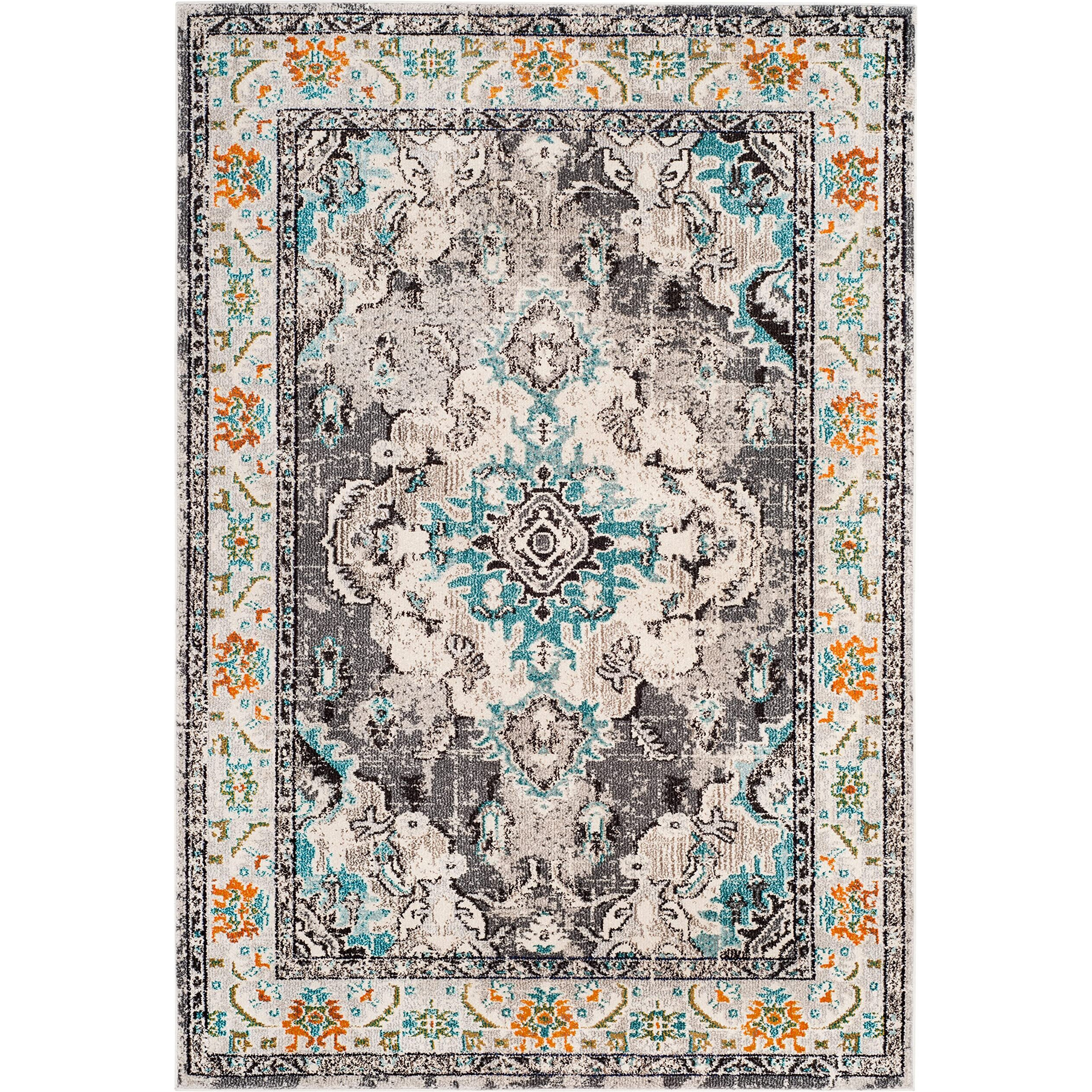 Safavieh Monaco Collection Area Rug - 9' X 12', Grey & Light Blue, Boho Chic Medallion Distressed Design, Non-Shedding & Easy Care, Ideal For High Traffic Areas In Living Room, Bedroom (Mnc243G)