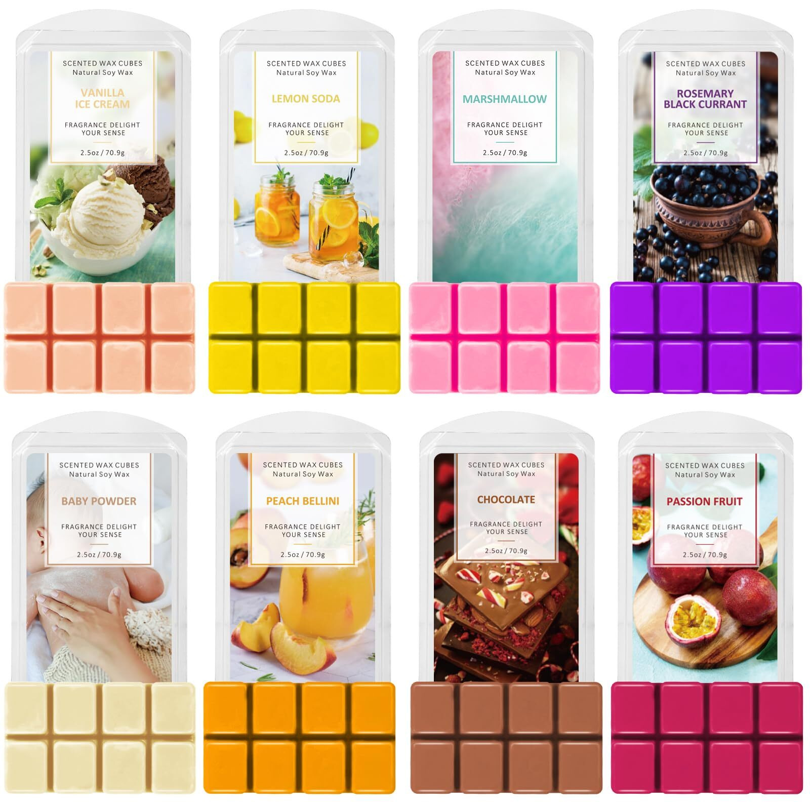 Scentorini Wax Melts, Scented Wax Melts For Wax Warmer Vanilla & Ice Cream, Lemon Soda, Marshmallow, Baby Powder, Rosemary & Black Currant, Passion Fruit, Chocolate, Peach Bellini 8 X 2.5 Oz