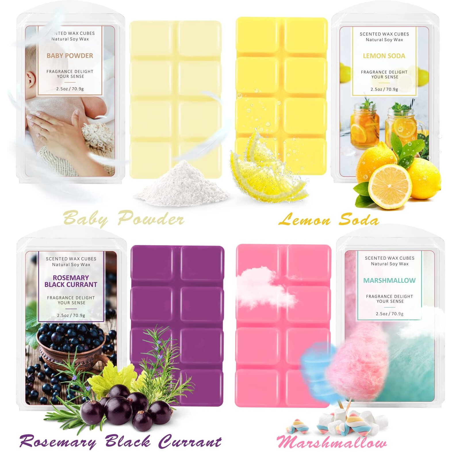 Scentorini Wax Melts, Scented Wax Melts For Wax Warmer Vanilla & Ice Cream, Lemon Soda, Marshmallow, Baby Powder, Rosemary & Black Currant, Passion Fruit, Chocolate, Peach Bellini 8 X 2.5 Oz