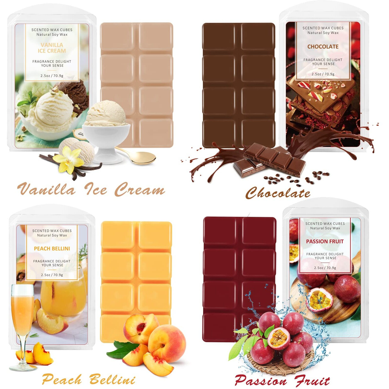 Scentorini Wax Melts, Scented Wax Melts For Wax Warmer Vanilla & Ice Cream, Lemon Soda, Marshmallow, Baby Powder, Rosemary & Black Currant, Passion Fruit, Chocolate, Peach Bellini 8 X 2.5 Oz
