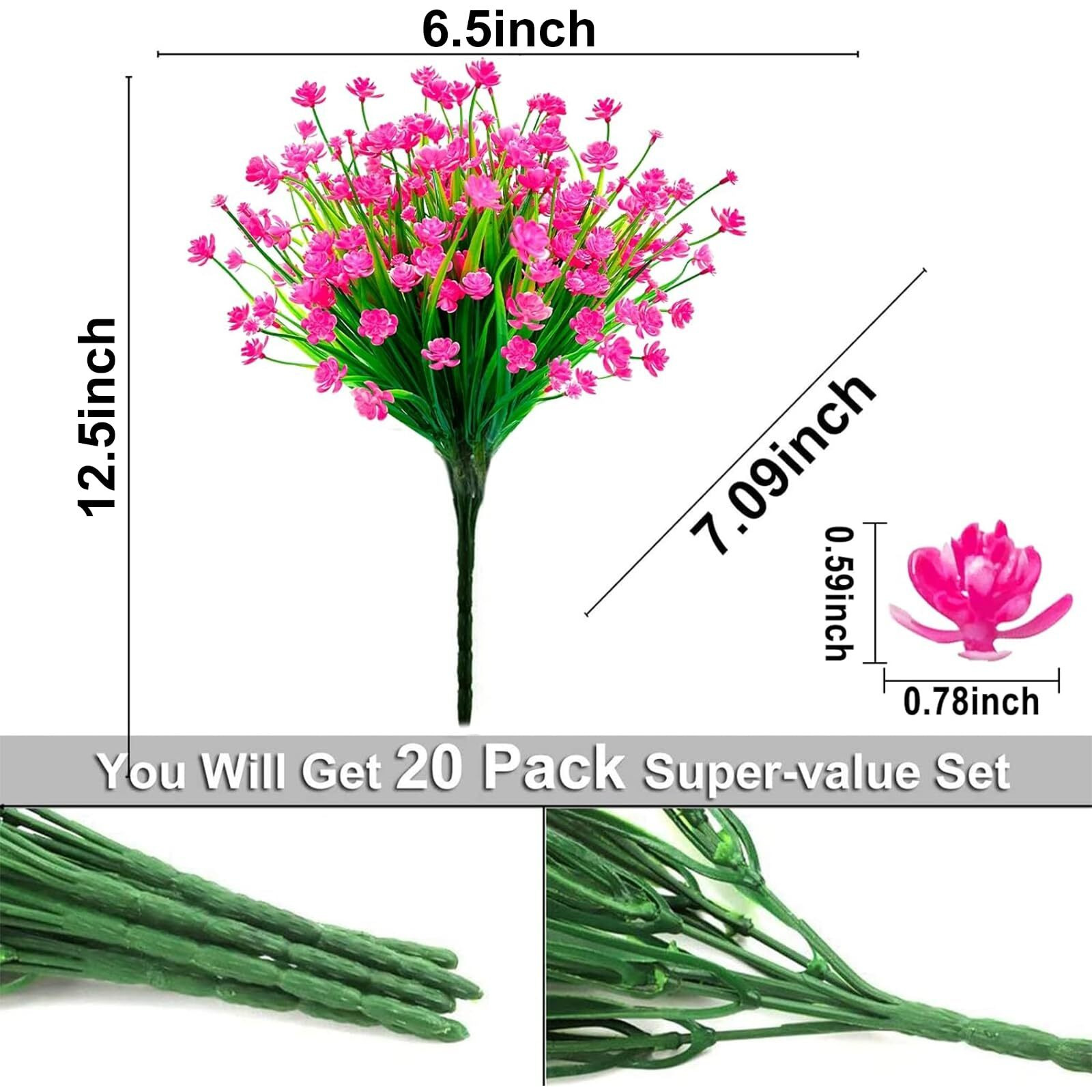 Turnmeon 20 Bundles Artificial Flowers For Outdoor Summer Decoration, Uv Resistant Faux Outsides Plastic Greenery Shrubs Artificial Plants Fake Flowers Planter Home Cemetery Decor(Pink)