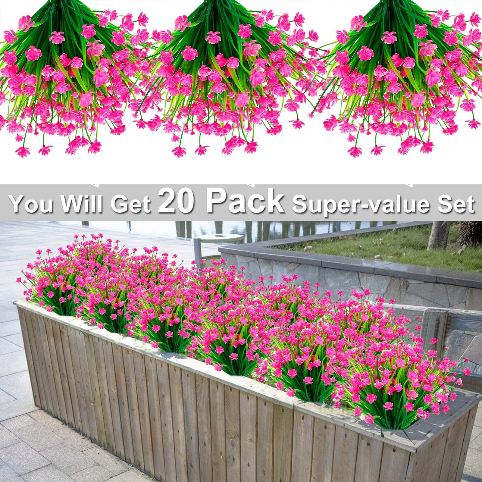 Turnmeon 20 Bundles Artificial Flowers For Outdoor Summer Decoration, Uv Resistant Faux Outsides Plastic Greenery Shrubs Artificial Plants Fake Flowers Planter Home Cemetery Decor(Pink)
