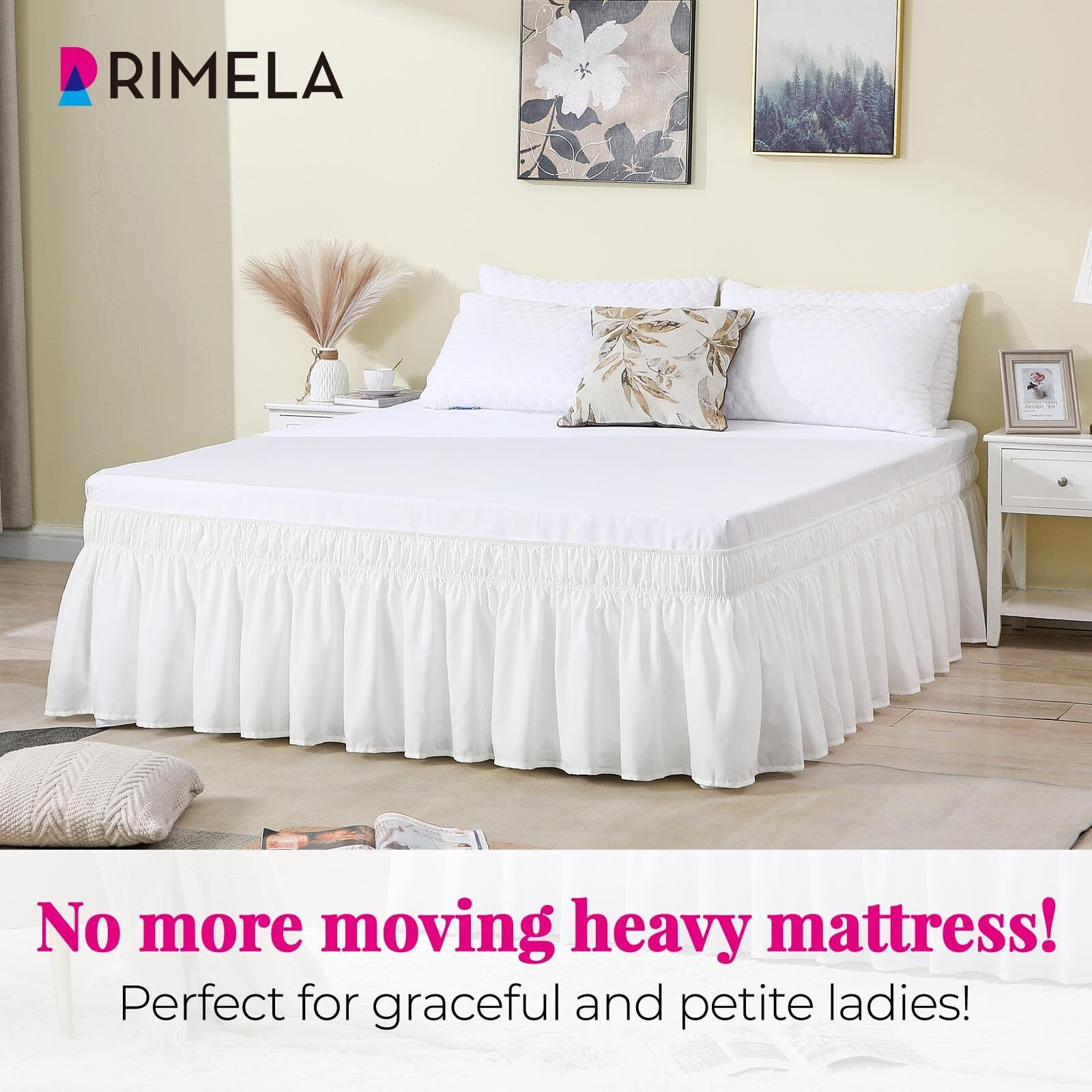 Rimela Ivory Queen Bed Skirt 18 Inch Drop, Wrap Around Elastic Bed Skirts Queen Size Dust Ruffle, Bedskirt For Adjustable Bed Base Solid Fade Resistant Silky Fabric Machine Washable