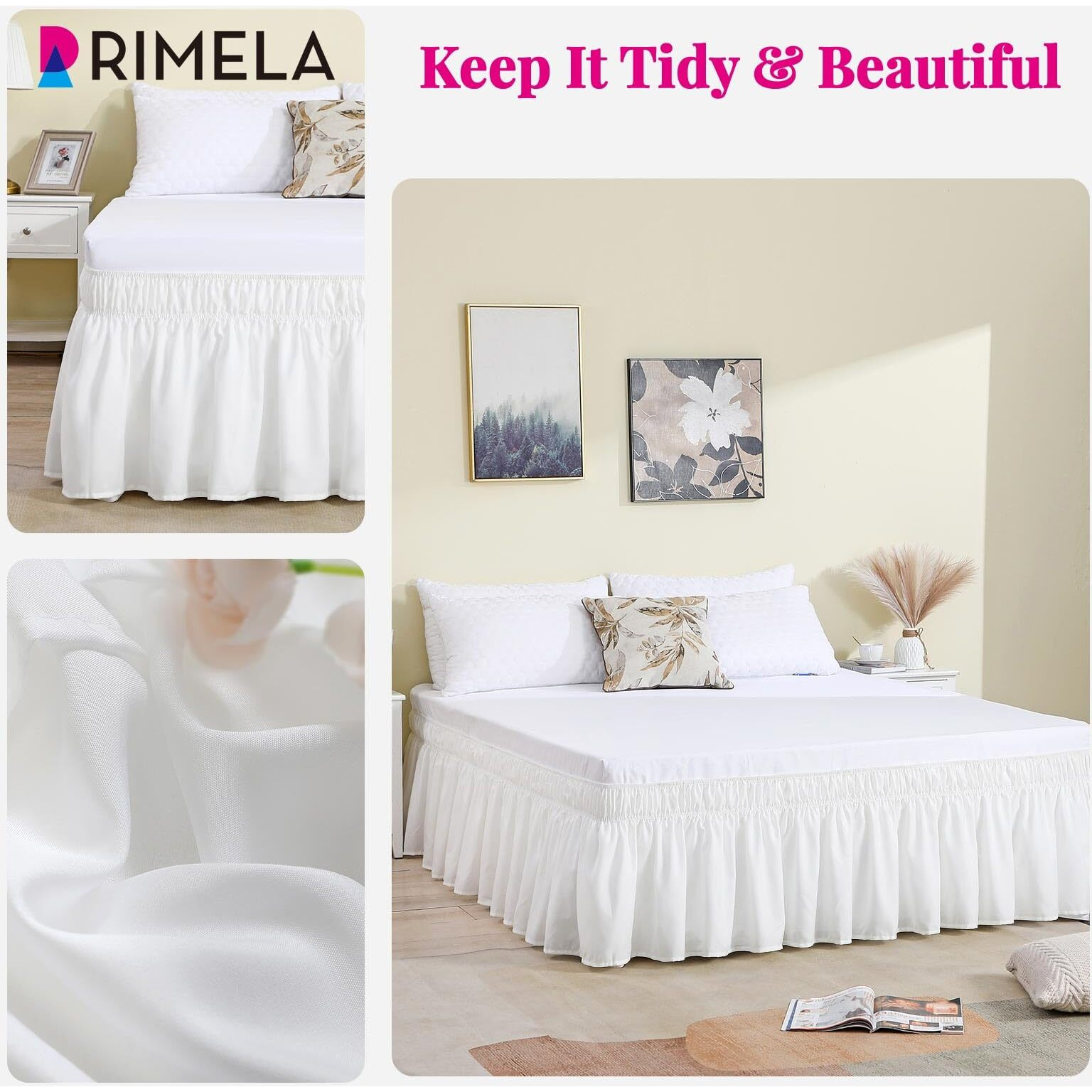 Rimela Ivory Queen Bed Skirt 18 Inch Drop, Wrap Around Elastic Bed Skirts Queen Size Dust Ruffle, Bedskirt For Adjustable Bed Base Solid Fade Resistant Silky Fabric Machine Washable