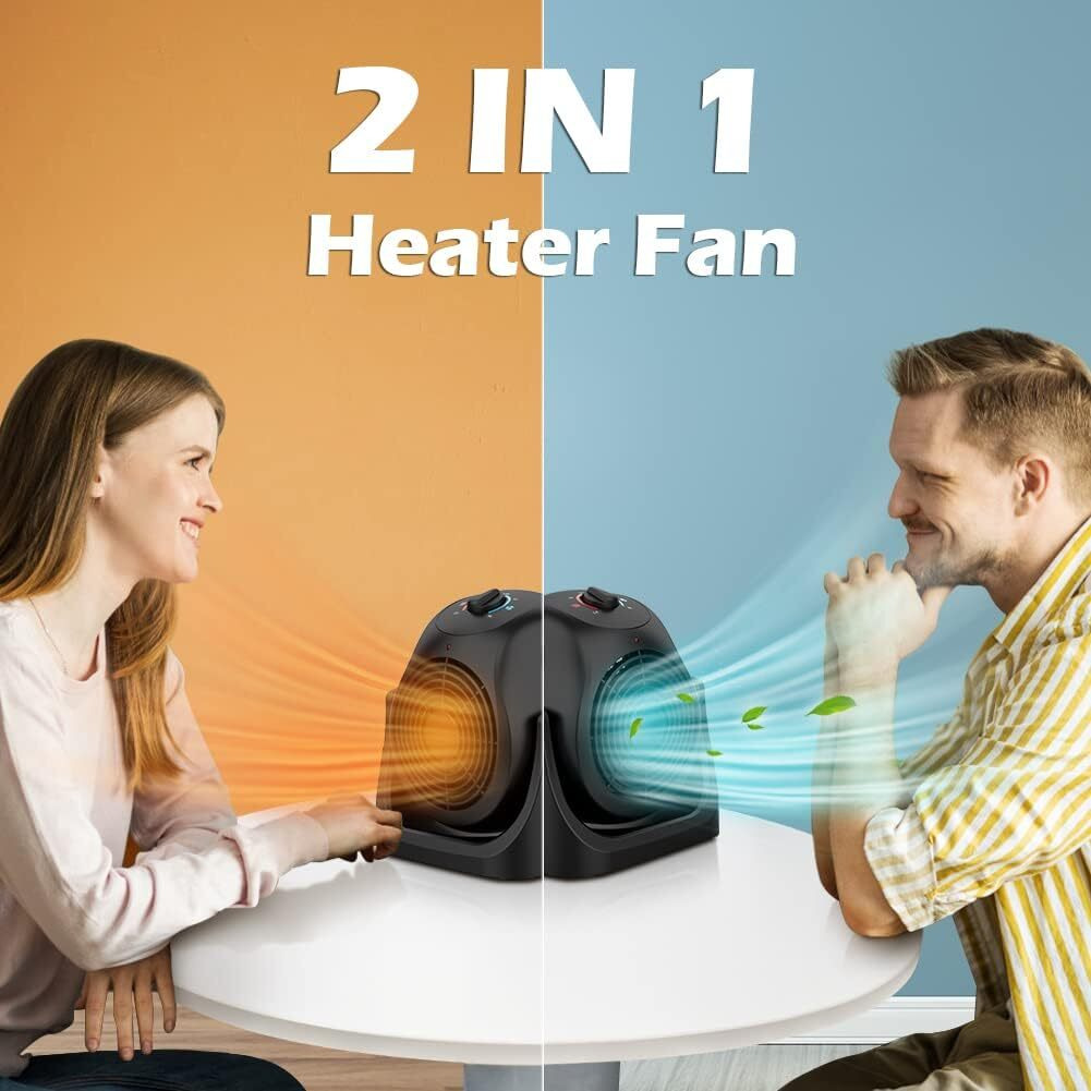 Lifeplus 2 In 1 Heater Fan Combo, Portable Cooling Desk Fan, Air Circulator Fan 45 Tilt, 2 Wind Speeds, 1500W Overheat Protection Personal Small Floor For Home Office Black