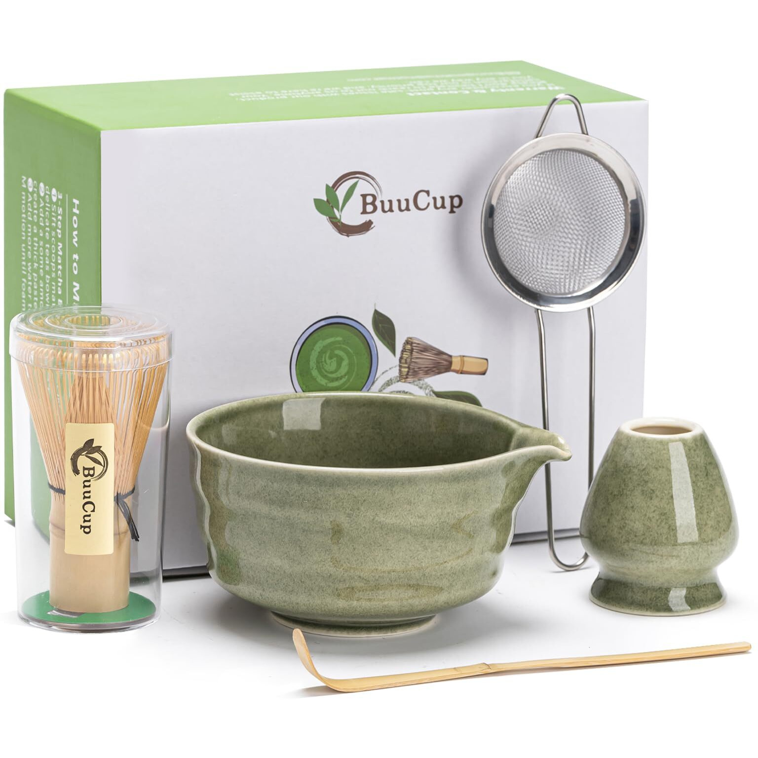Buucup Matcha Whisk Set, Matcha Bowl With Spout, Matcha Whisk And Holder, Bamboo Matcha Scoop And Stainless Sifter - 5 Pcs Jade Green Matcha Kit For Matcha Lover