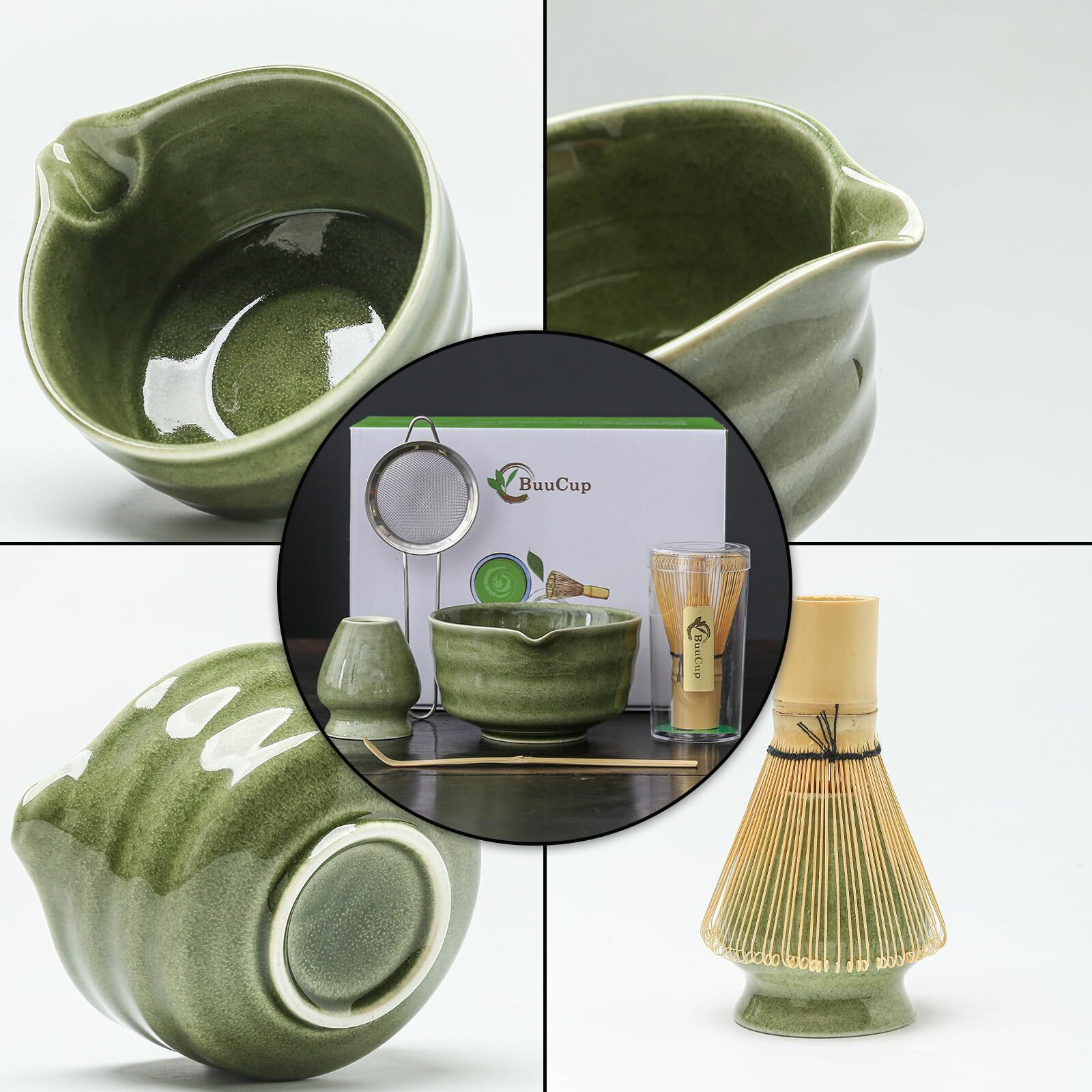Buucup Matcha Whisk Set, Matcha Bowl With Spout, Matcha Whisk And Holder, Bamboo Matcha Scoop And Stainless Sifter - 5 Pcs Jade Green Matcha Kit For Matcha Lover