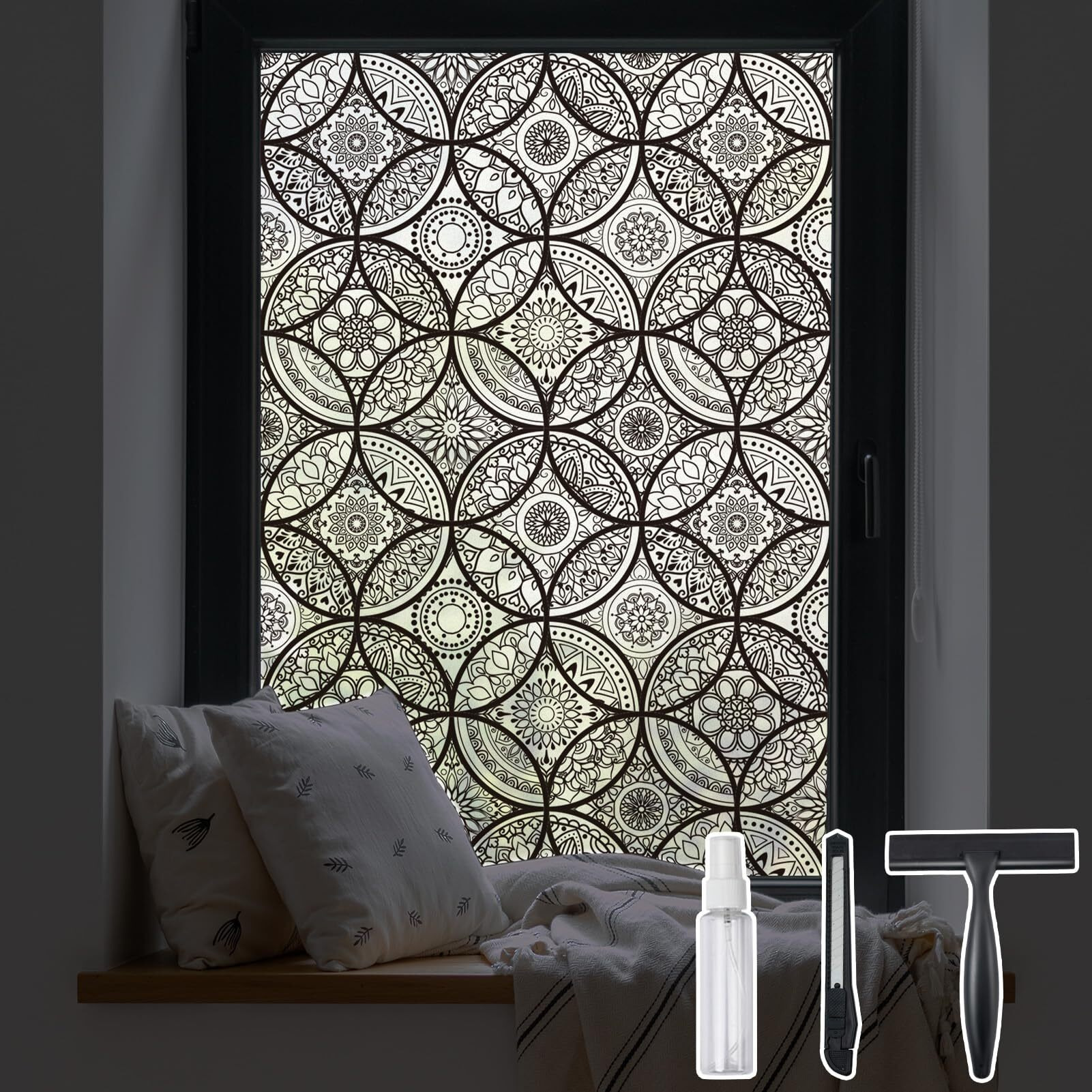 Dktie Boho Stained Glass Look Window Privacy Film With Installation Tools, Decorative Frosted Glass Window Film Static Cling No Glue Removable, Pure Black, 17.7"" X 78.7""