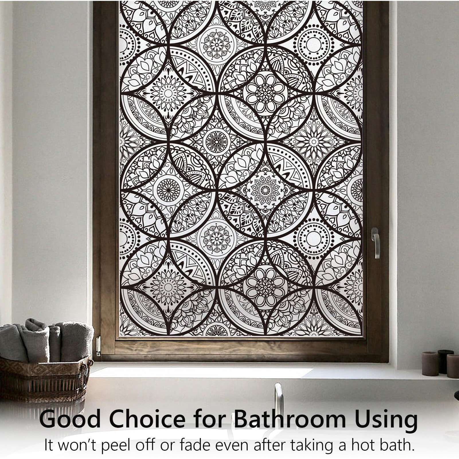 Dktie Boho Stained Glass Look Window Privacy Film With Installation Tools, Decorative Frosted Glass Window Film Static Cling No Glue Removable, Pure Black, 17.7"" X 78.7""