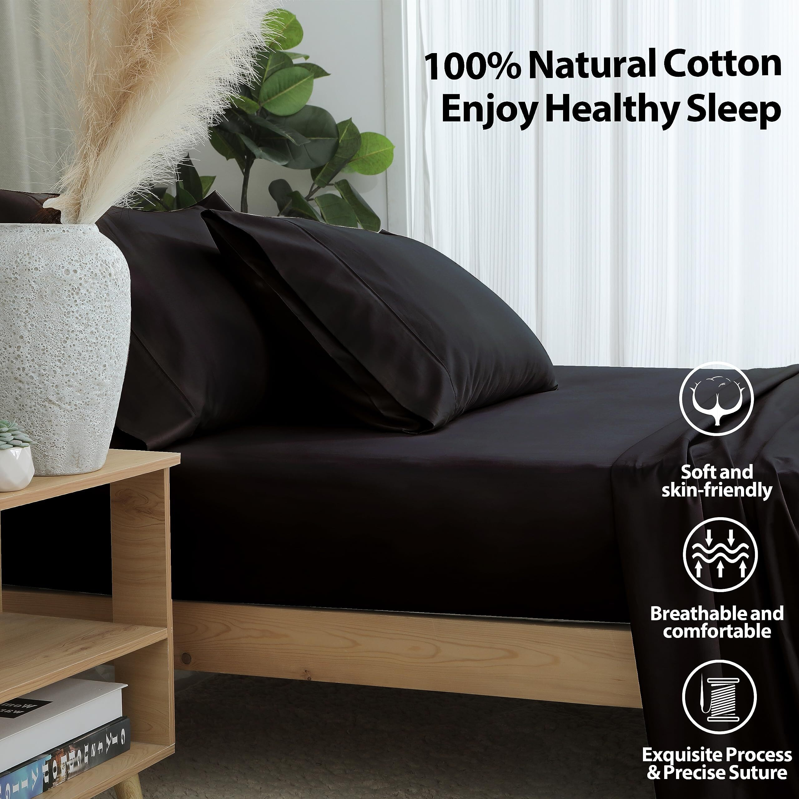 Queen Size Fitted Sheet Only Black, 100% Egyptian Cotton 600 Thread Count, 16"" Deep Pocket Premium Cotton Mattress Sheet (1 Bottom Sheet Only)
