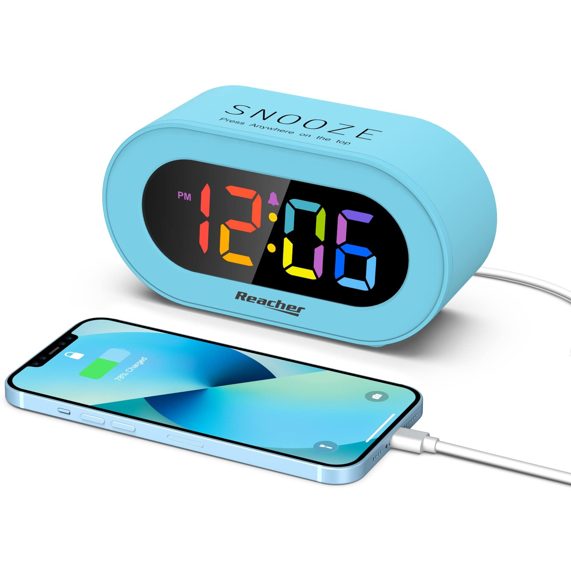 Reacher Kids Alarm Clock With Usb Charger, 0-100% Dimmer, Colorful Rainbow Led Digital Display, Simple Operation, Easy Snooze, Small Size For Bedroom, Bedside, Boy, Girl